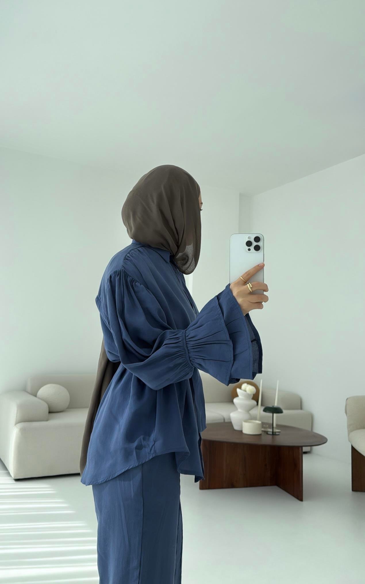 Büzgülü Oversize Gömlek Takım İndigo