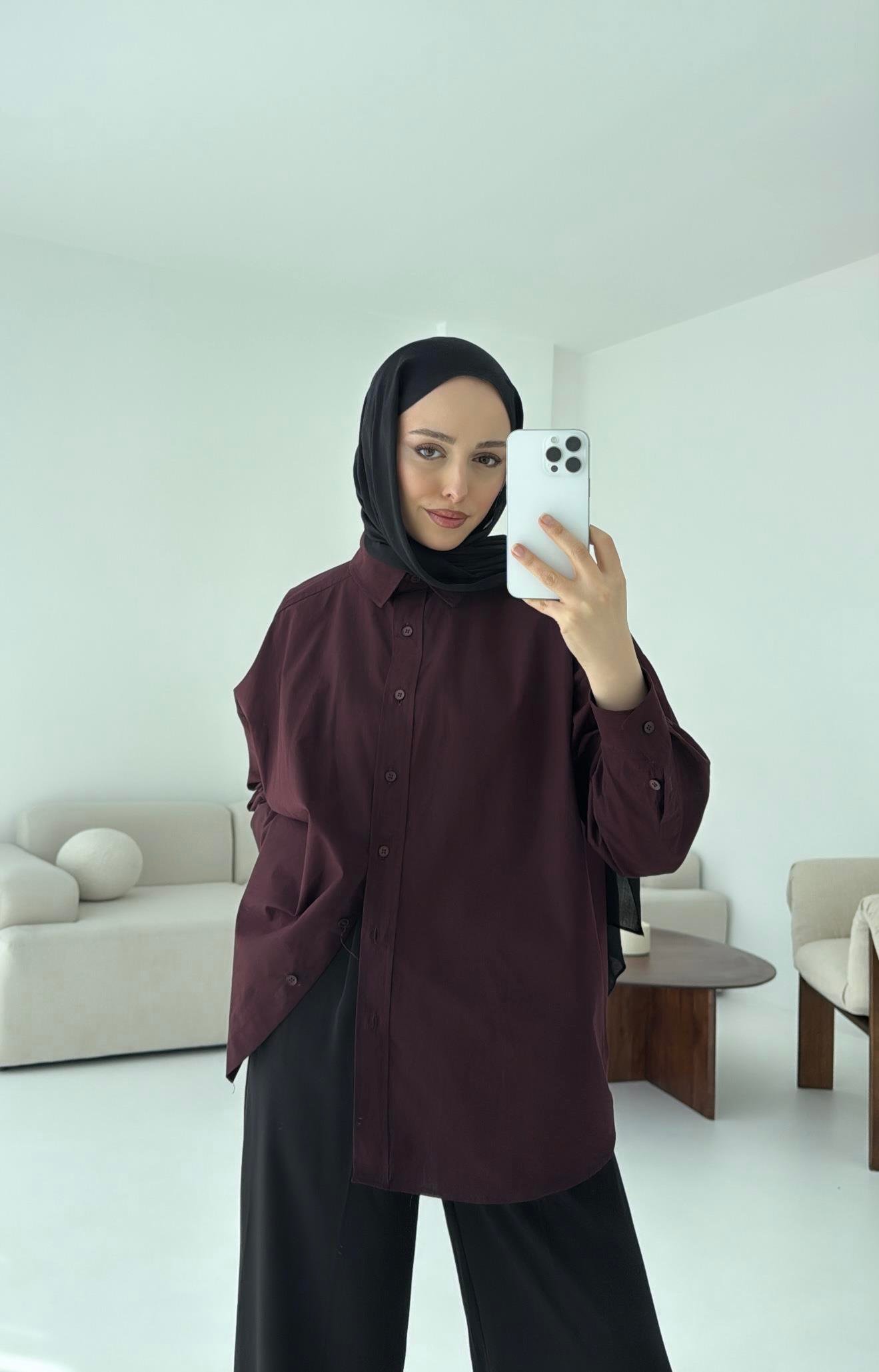 Poplin Oversize Gömlek Bordo