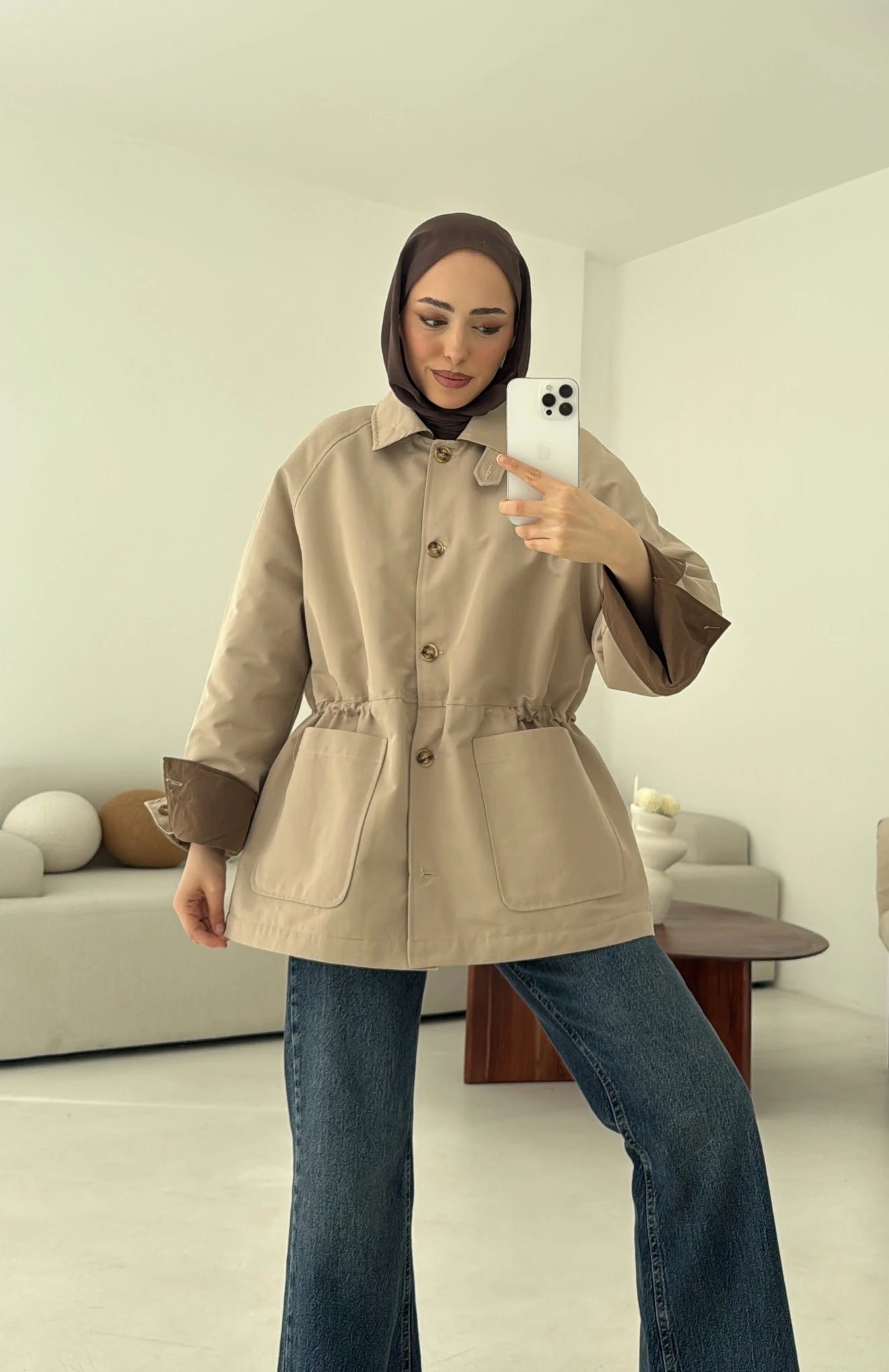 Beli Kordonlu Dolgulu Ceket Bej