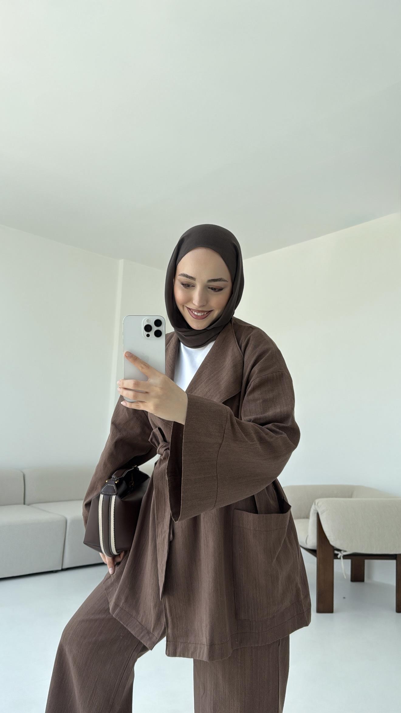 Keten Ceketli Takım Kahve