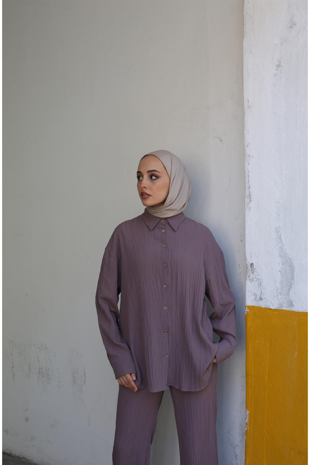 Gofre Gömlek Pantolon Takım Gül Kurusu