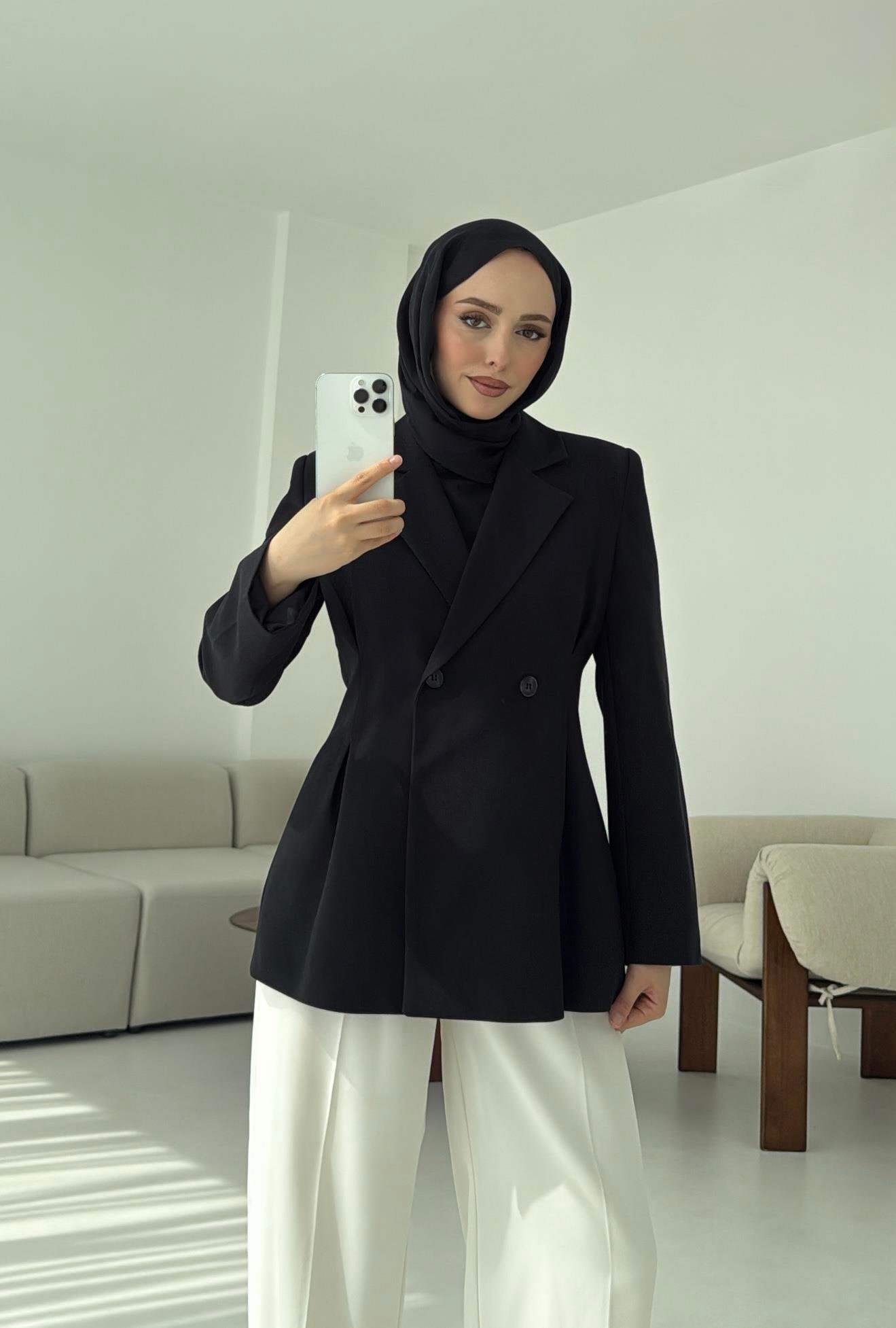 Pile Detay Blazer Ceket Siyah