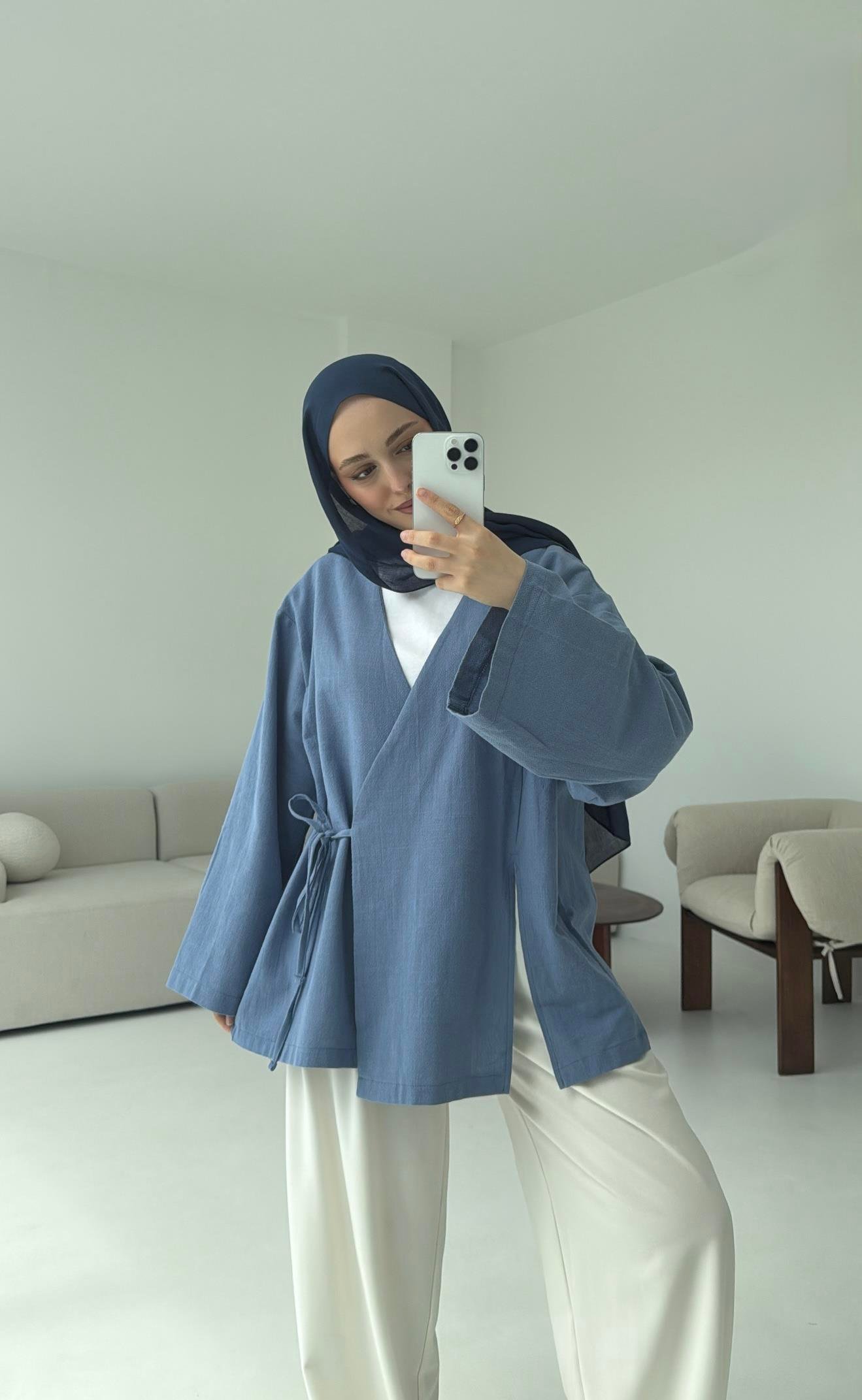 İndigo Yırtmaç Detay Keten Kimono