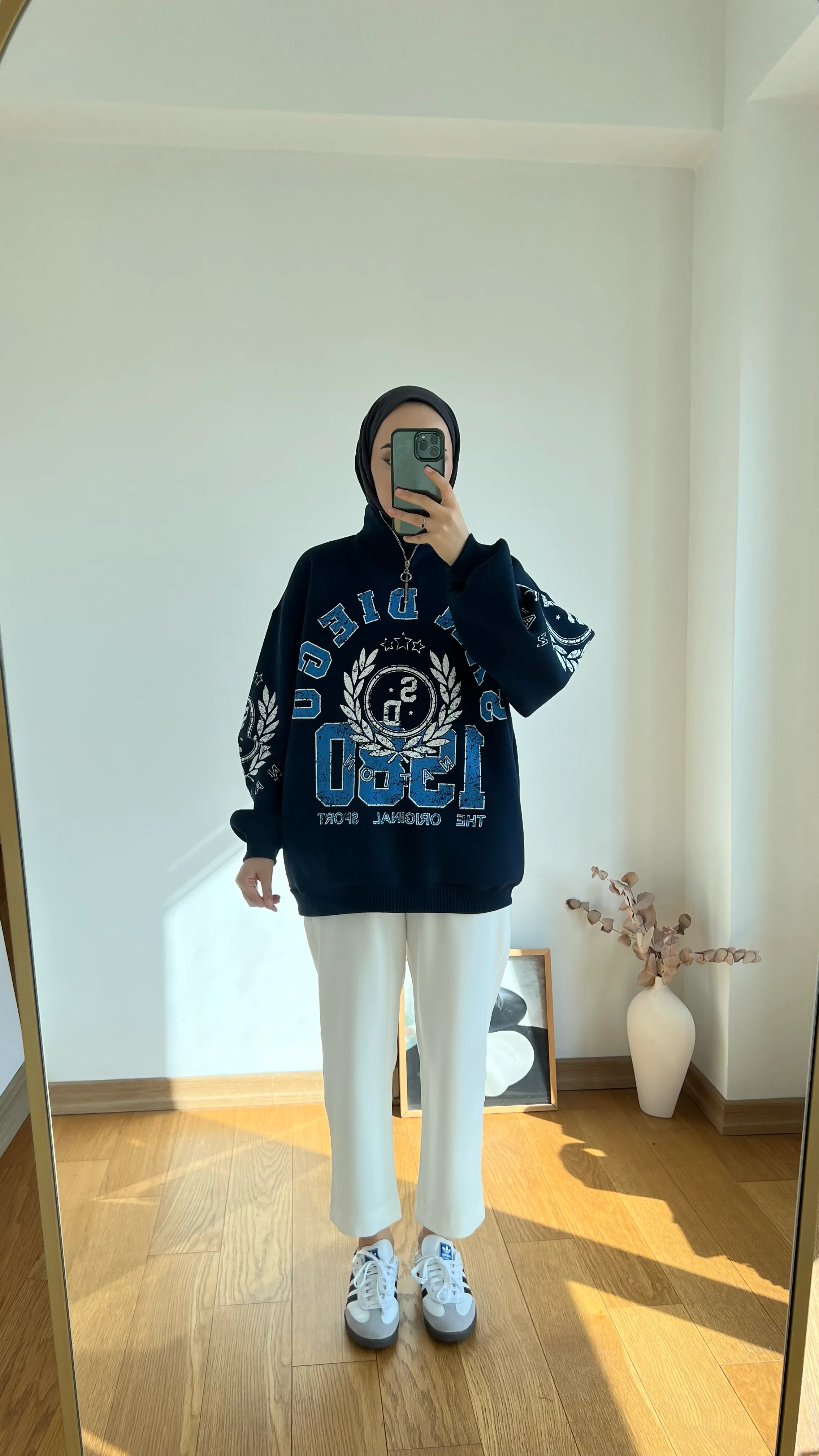 Yarım Zip Lacivert Oversize Şardonlu Sweatshirt