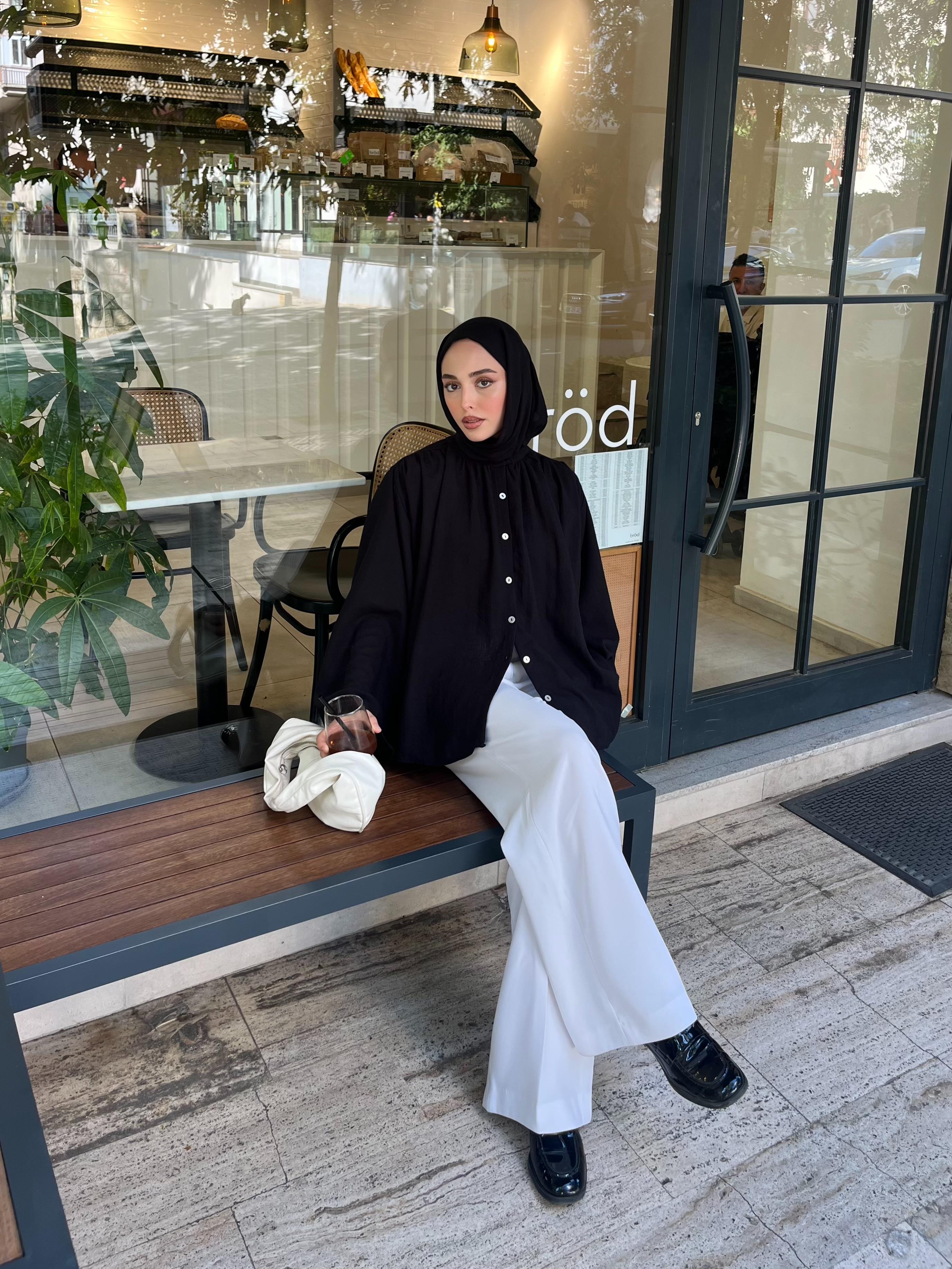 Geniş Kol Tasarım Keten Gömlek Siyah