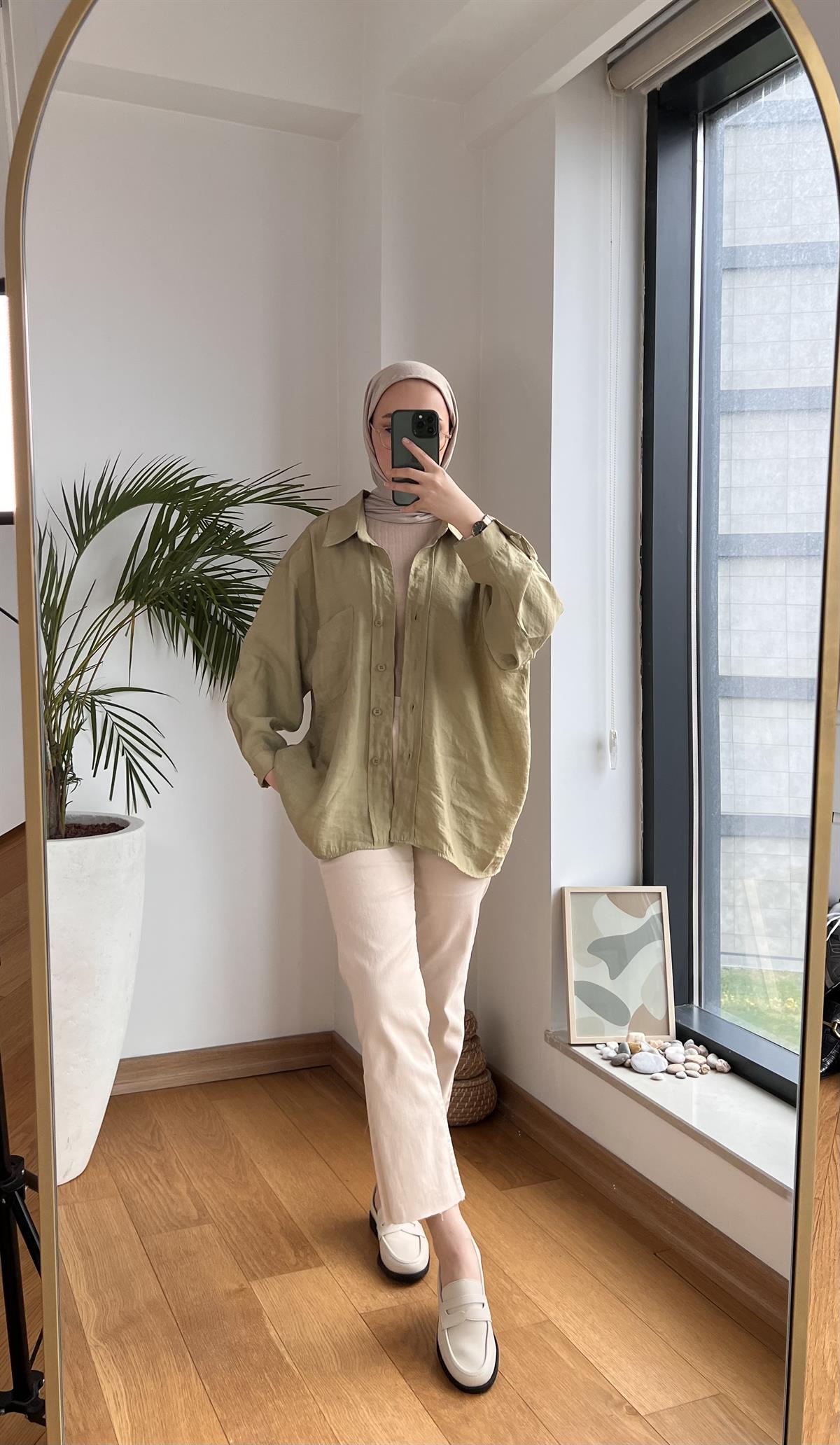 Oversize Pamuk Saten Gömlek Çağla Yeşili