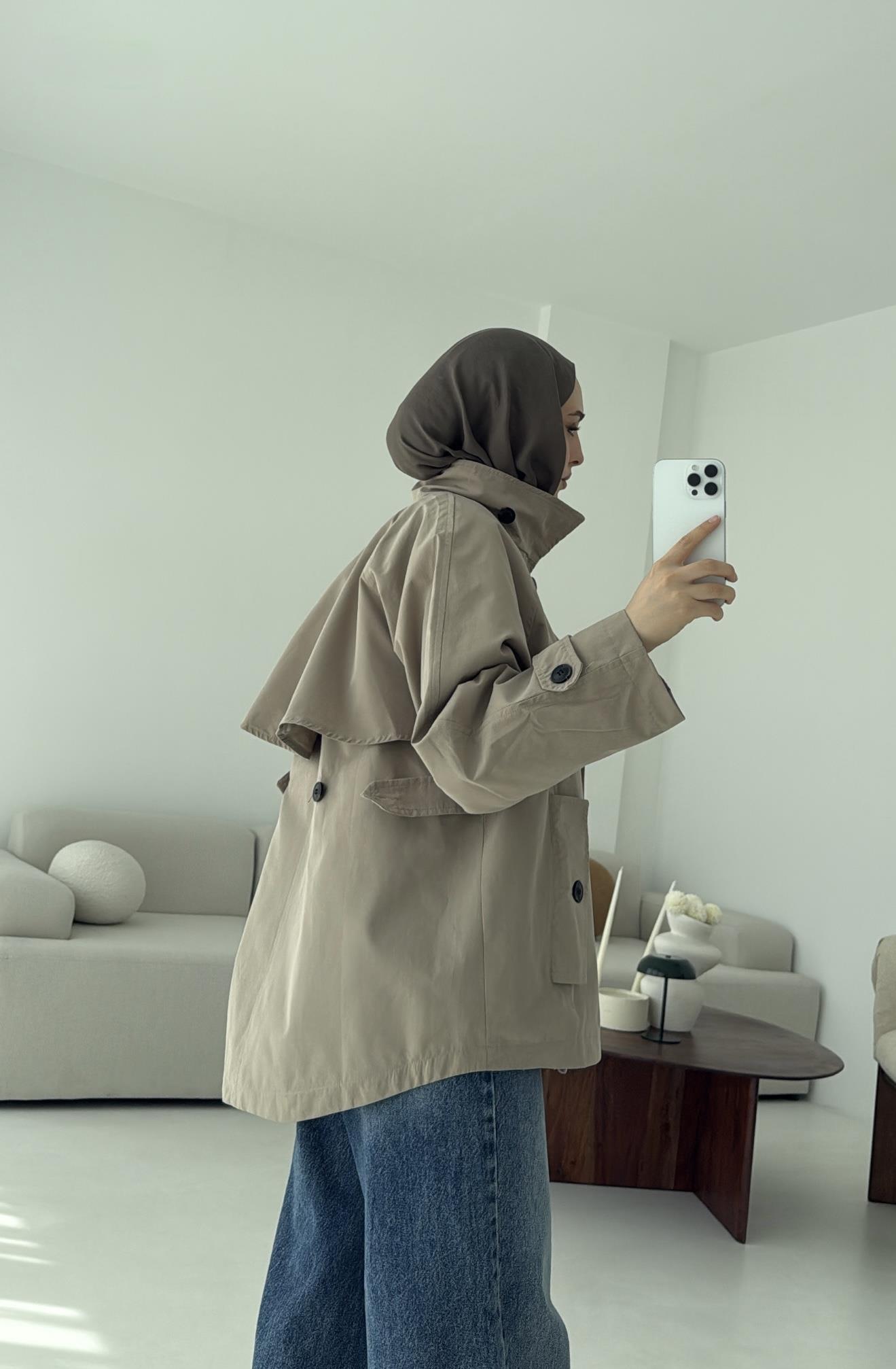 Minimal Yakalı Trençkot Vizon