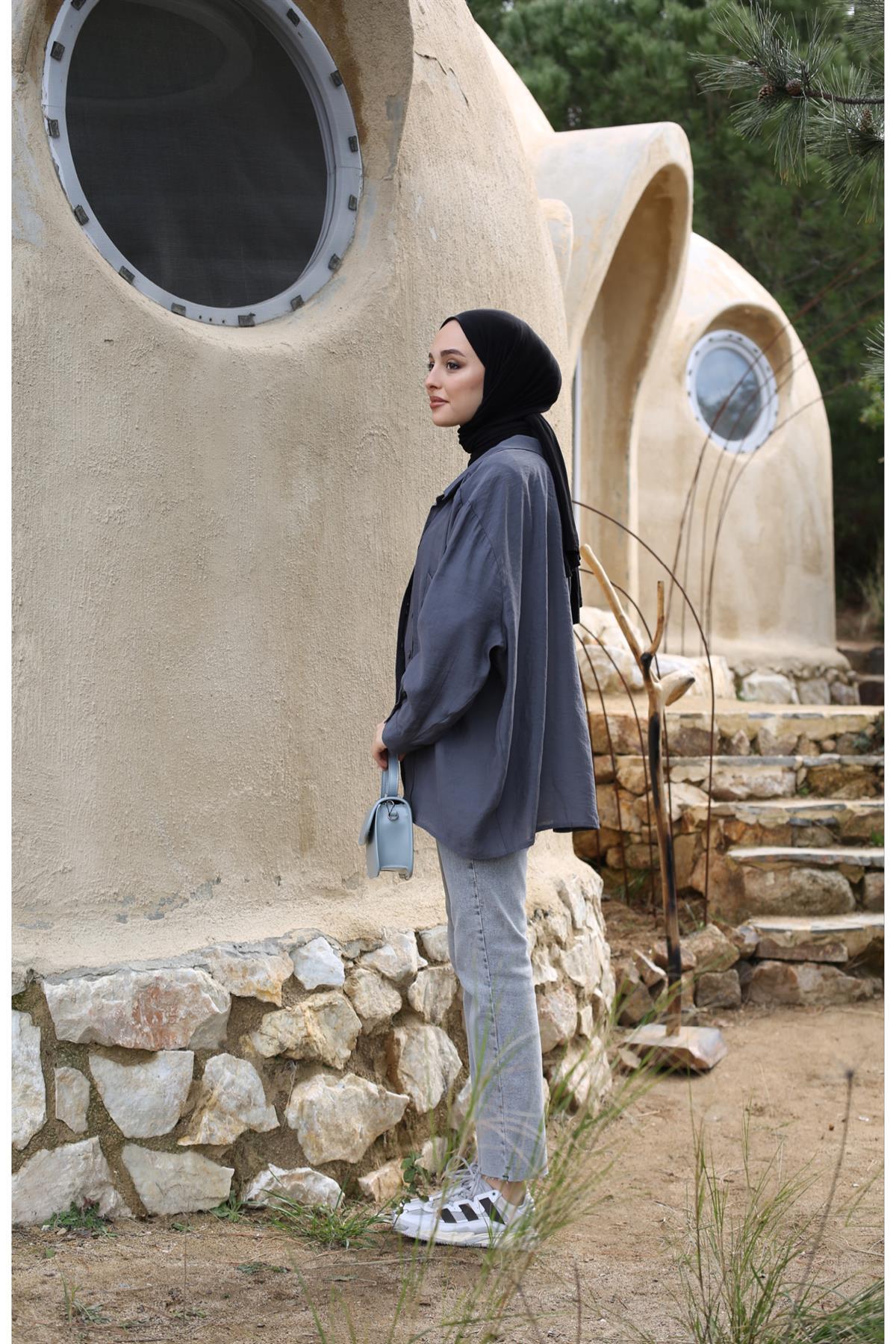 Oversize Pamuk Saten Gömlek Antrasit