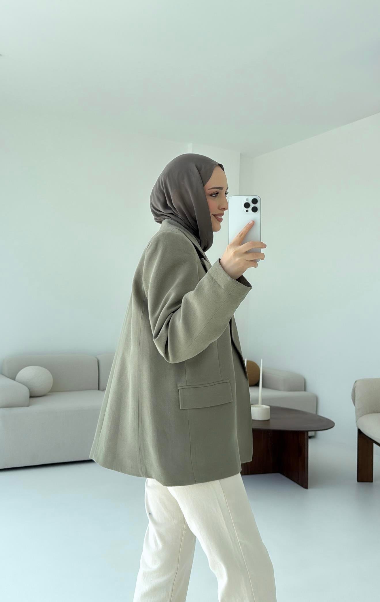 Keten Kolu Katlamalı Haki Blazer Ceket