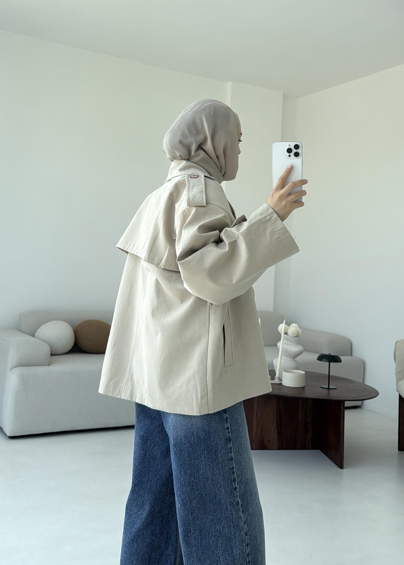 Vatkalı Kısa Trençkot Taş