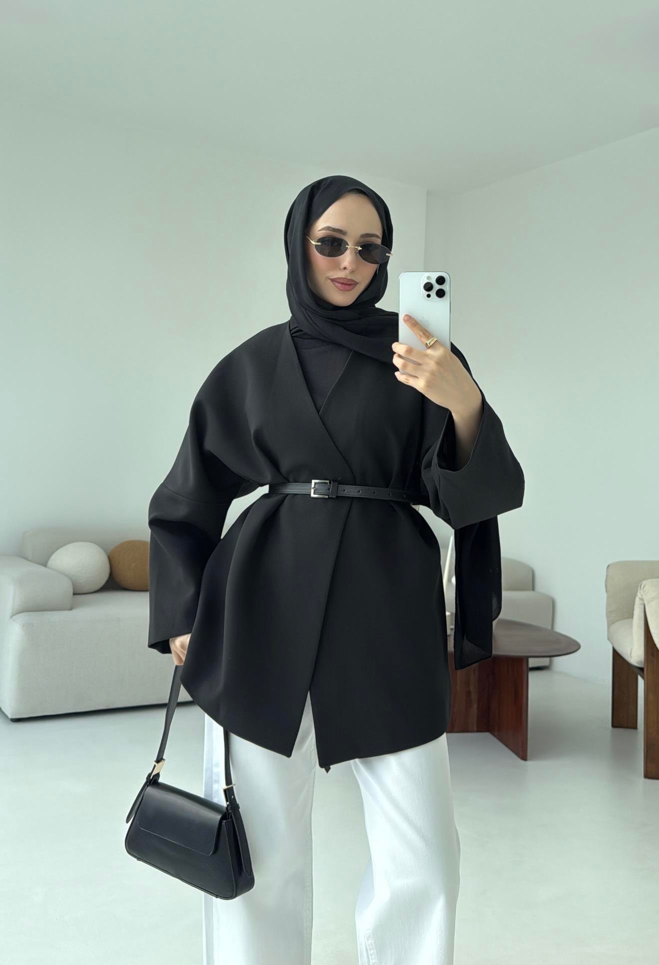 Deri Kemer Detay Oversize Ceket Siyah