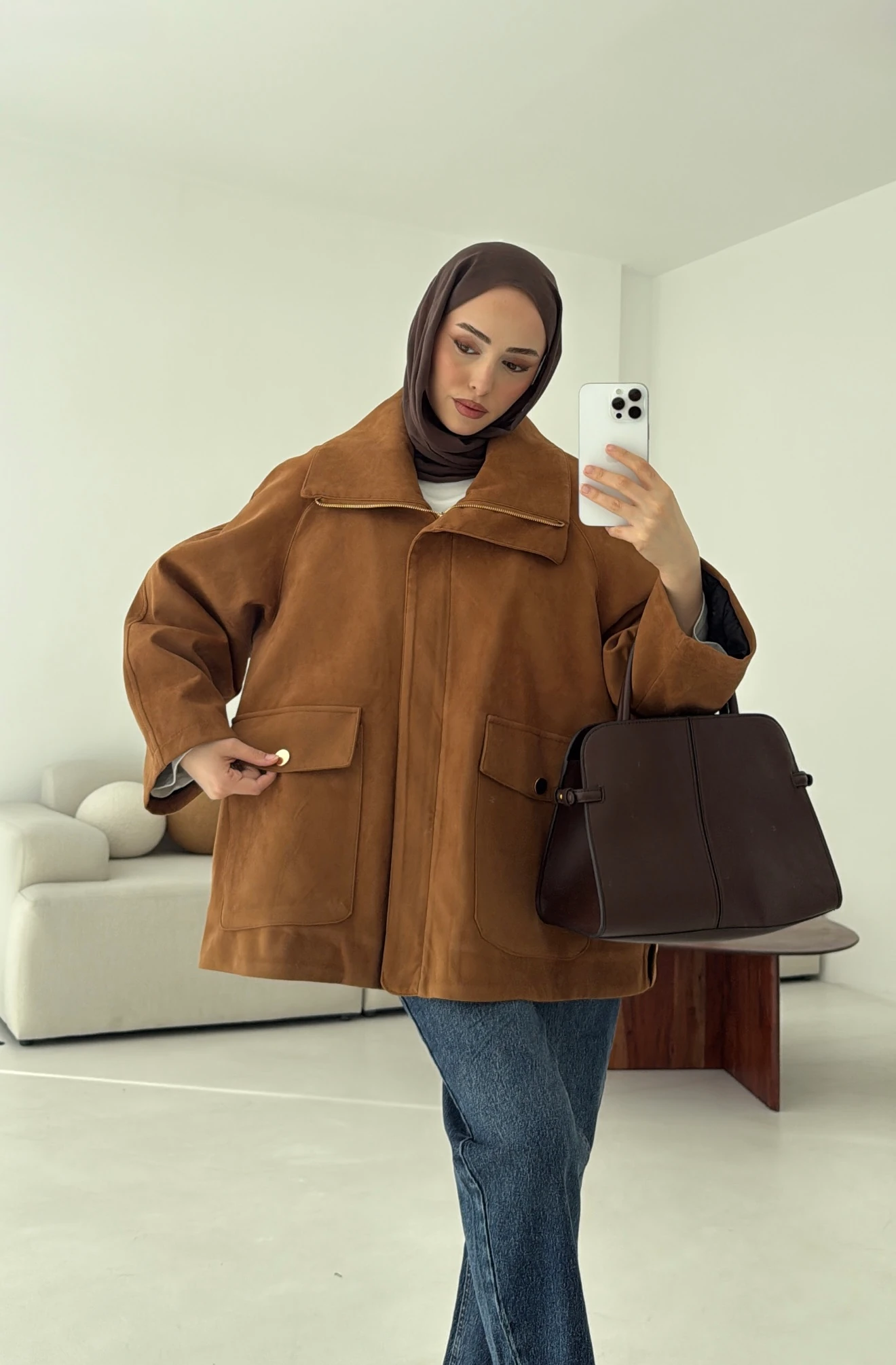 Oversize Dolgulu Süet Ceket Taba