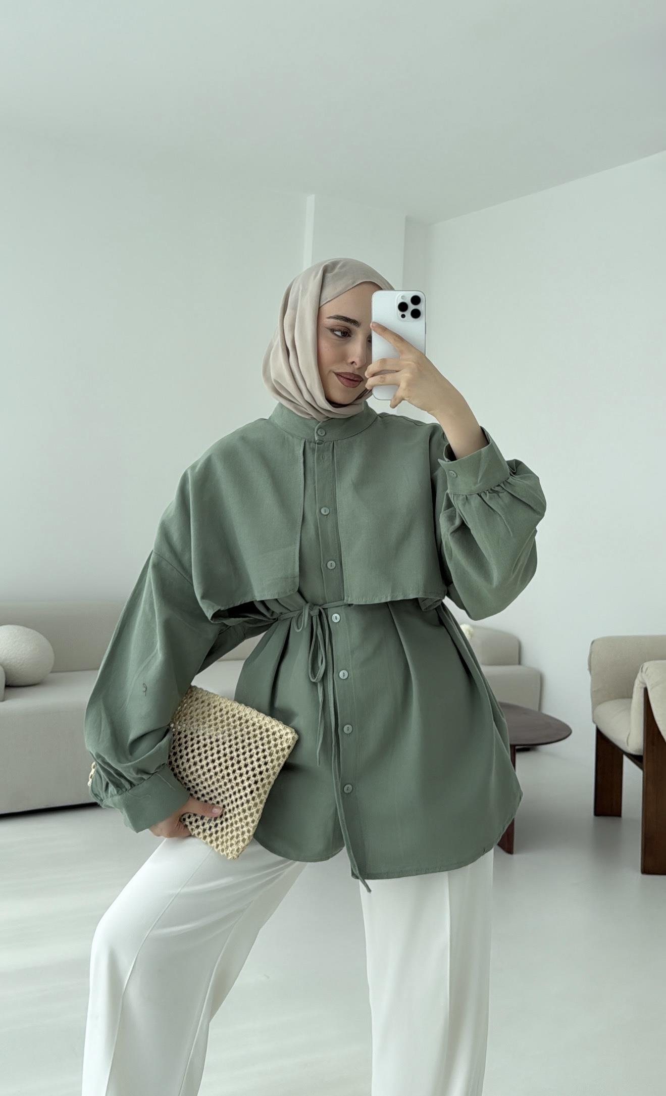 Pelerinli Keten Gömlek Yeşil