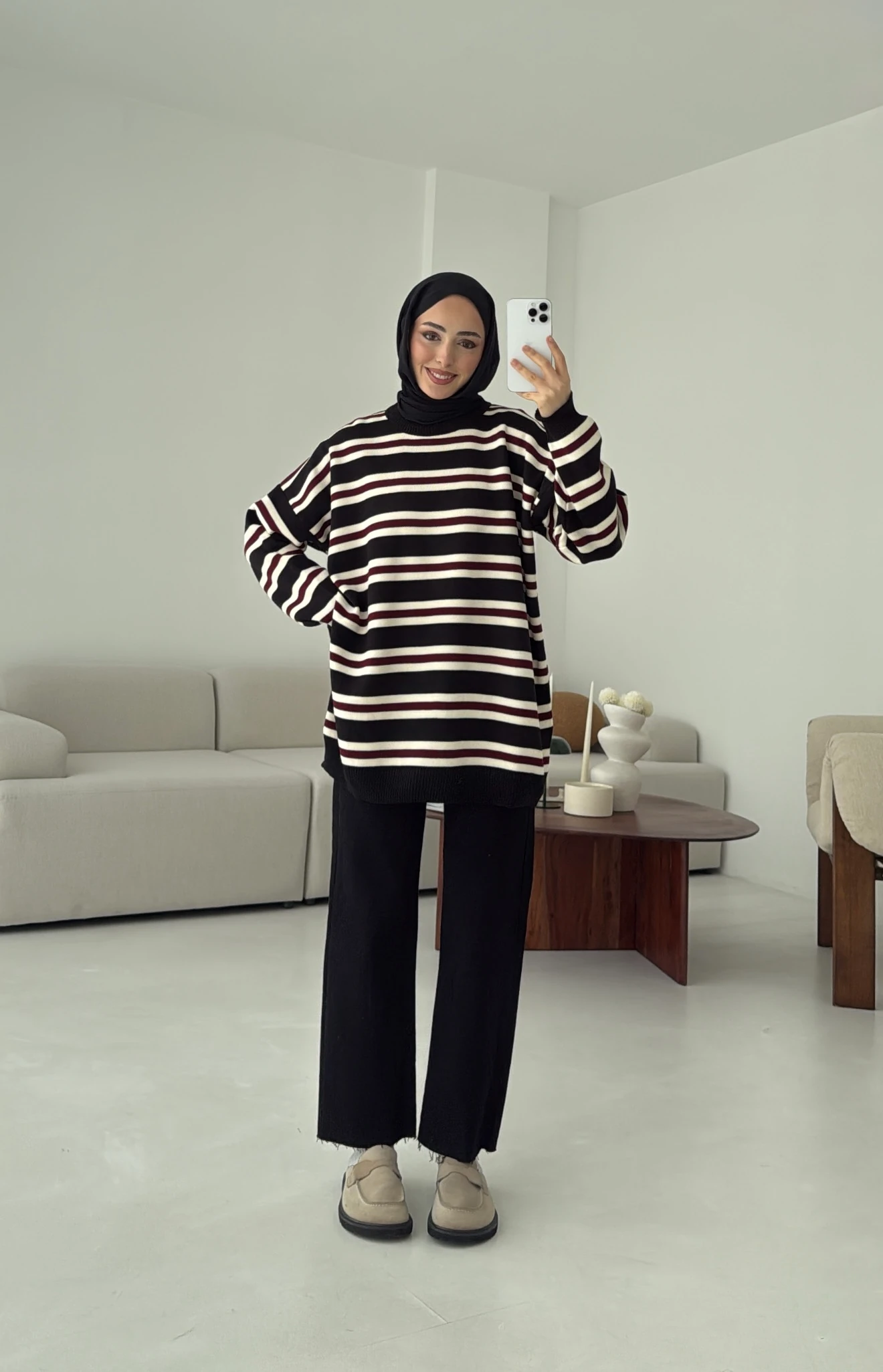 Bisiklet Yaka Çizgili Uzun Triko Kazak Siyah