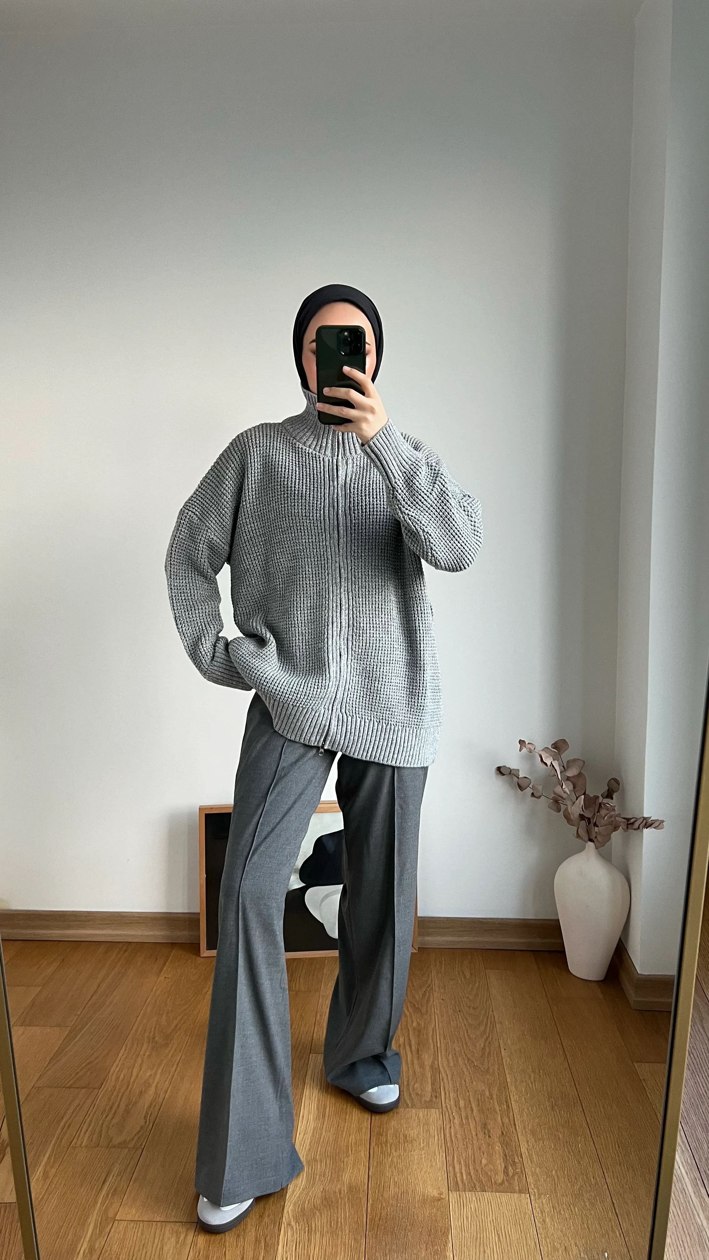 Kalın Örgü Fermuarlı Kazak Gri