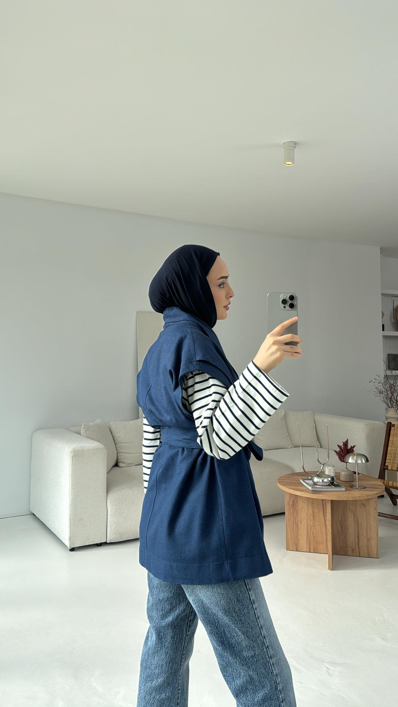Pamuklu Gabardin Bağlamalı Yelek Lacivert