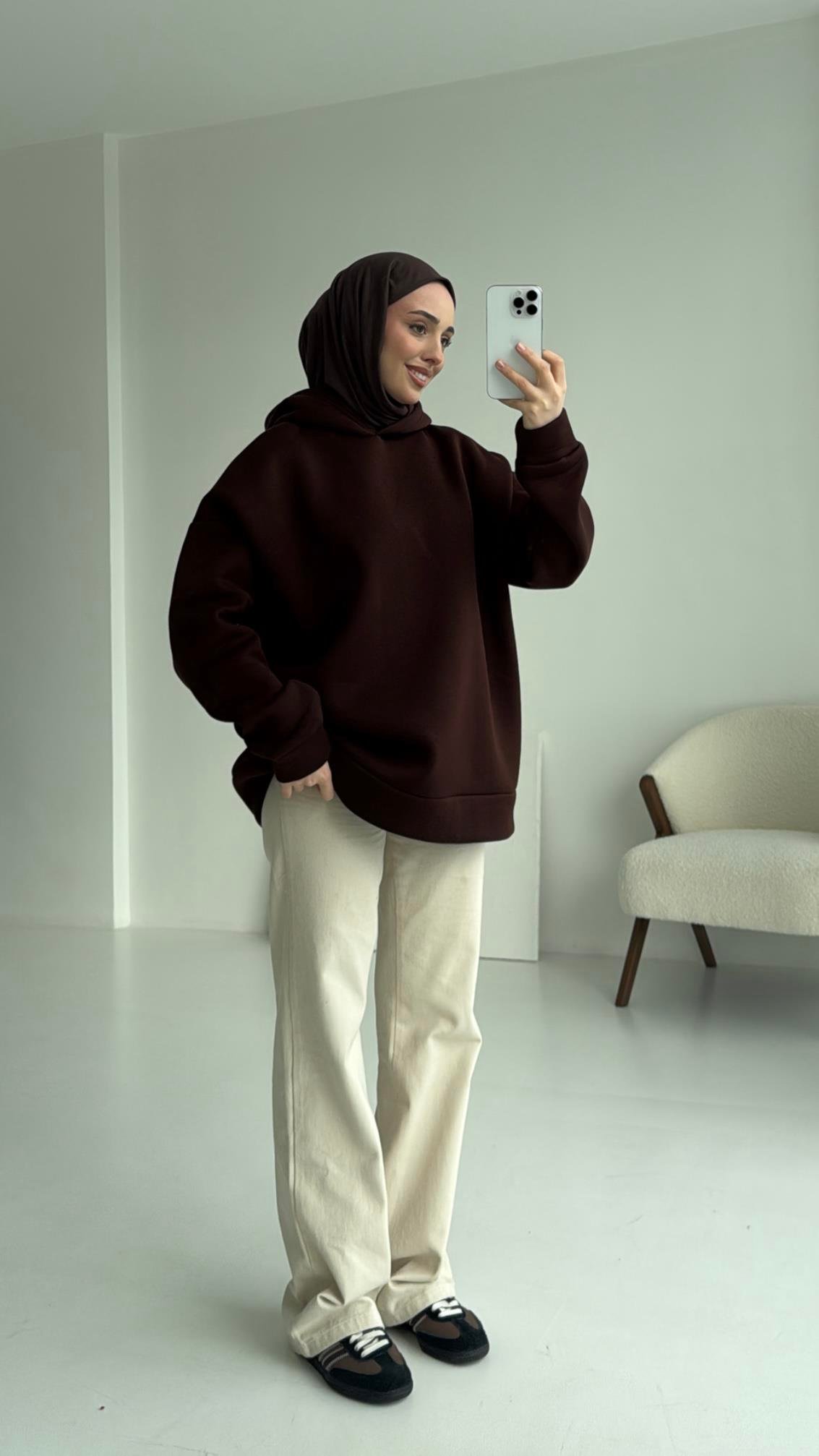 Şardonlu Oversize Kahve Sweatshirt