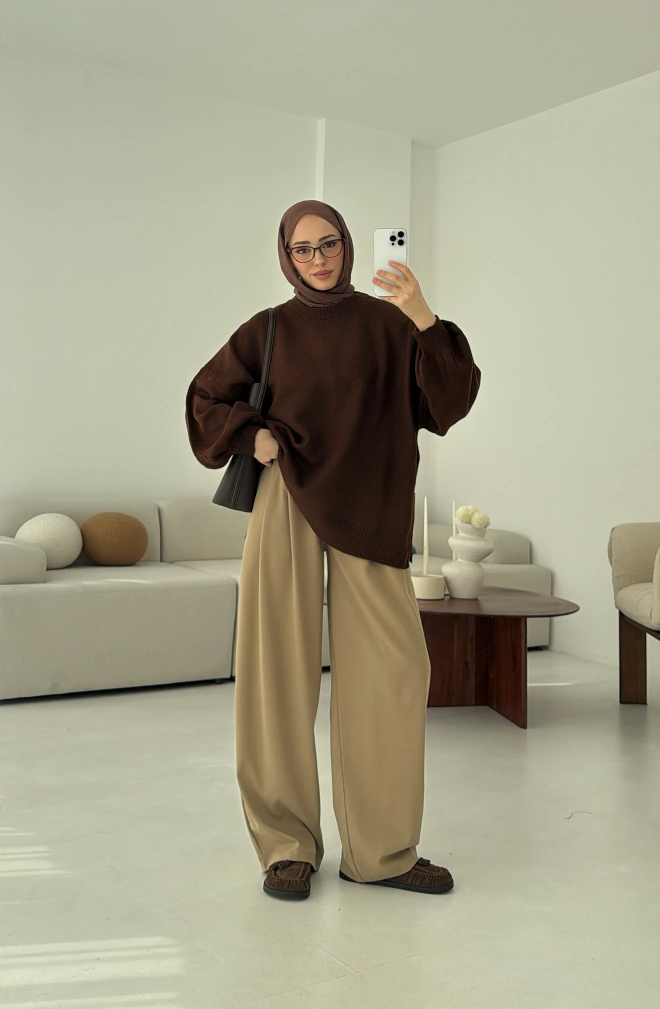 Yırtmaç Detay Balon Kol Kazak Kahve