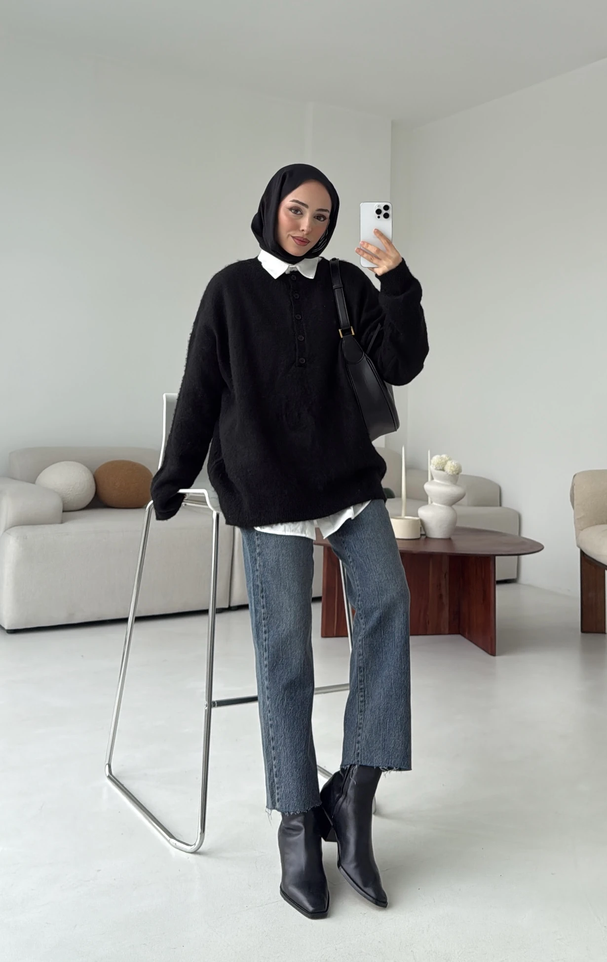 Yarım Dügmeli Triko Kazak Siyah