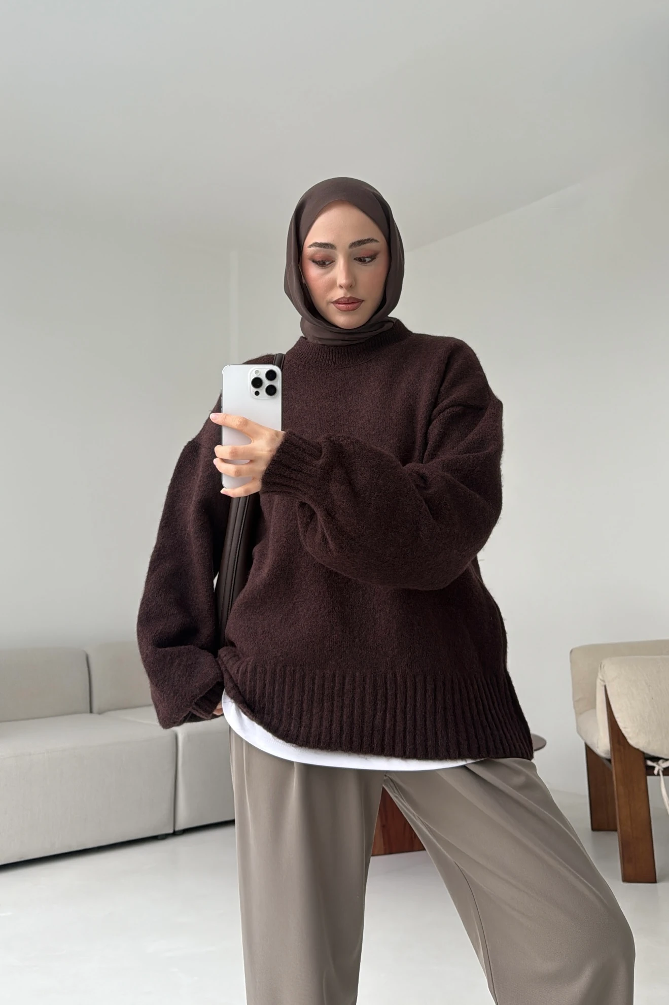 Balon Kol Yumuşak Kazak Kahve