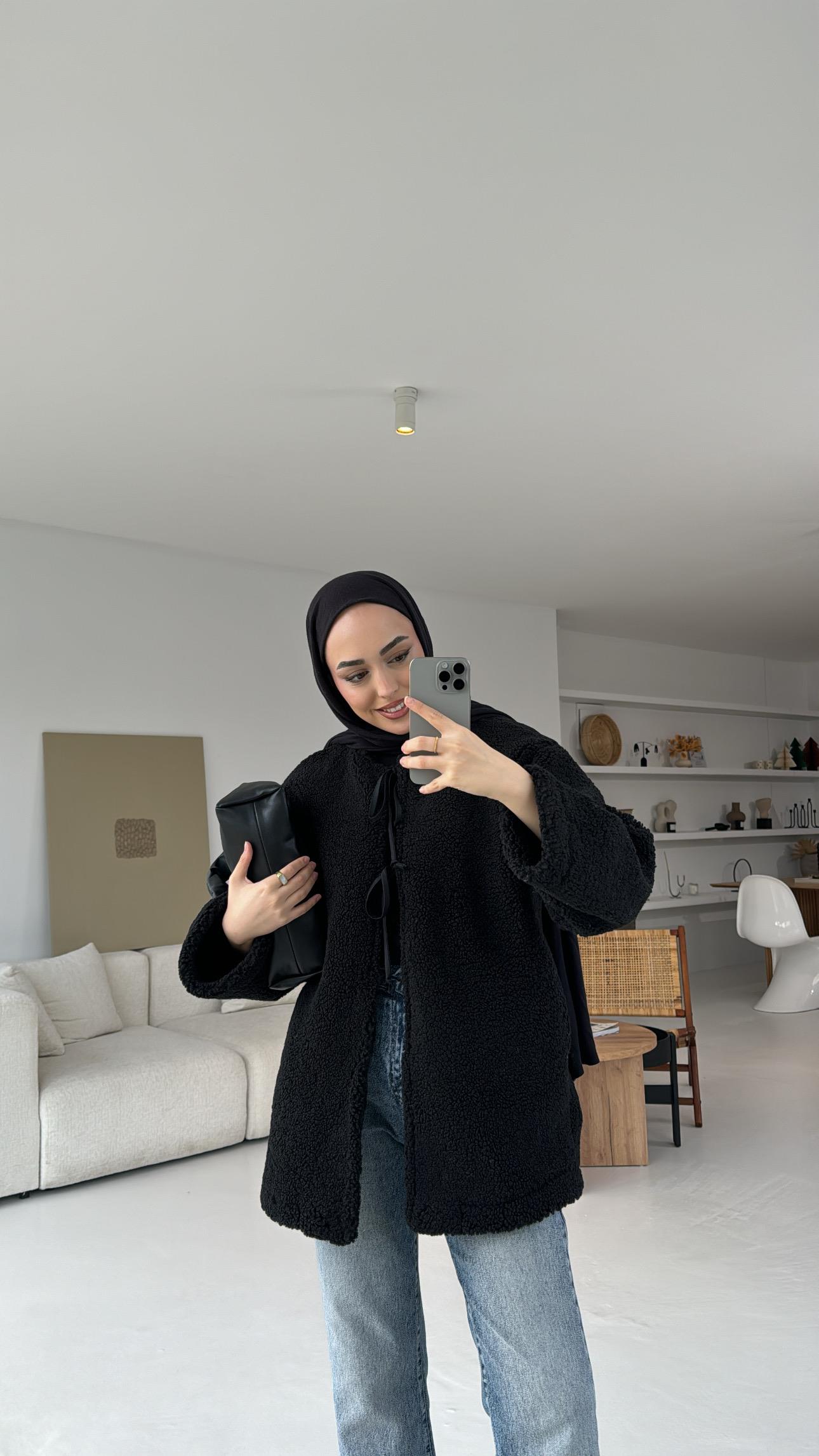 Teddy Bağlamalı Ceket Siyah