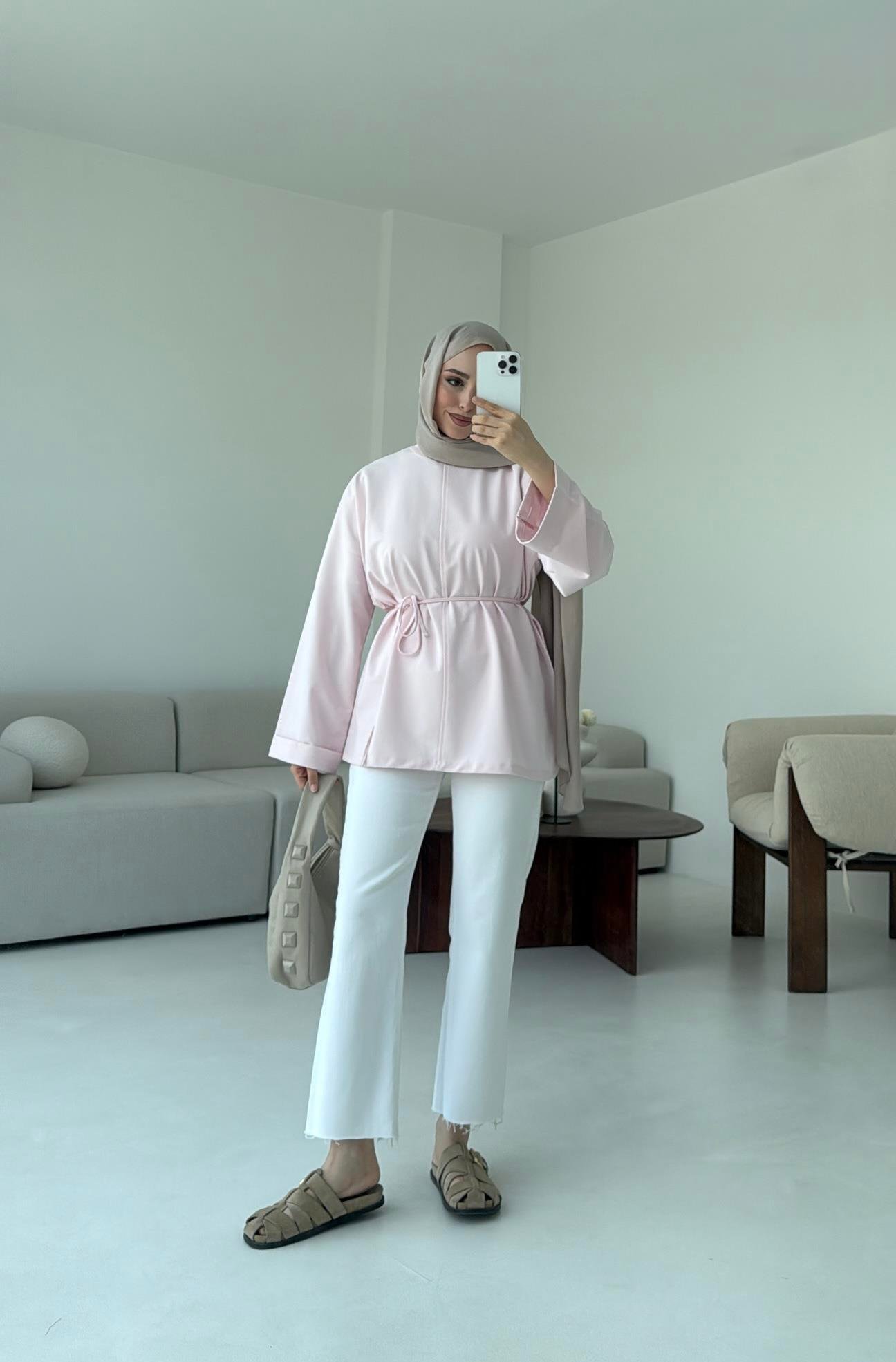 Bağlamalı Yanı Yırtmaç Detay Sweat Pudra