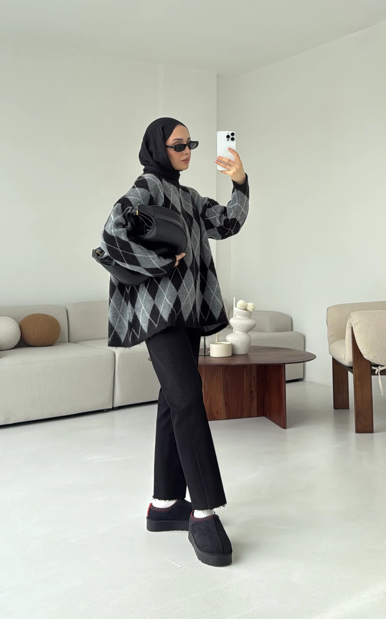 Premium Desenli Kalın Kazak Gri/Siyah