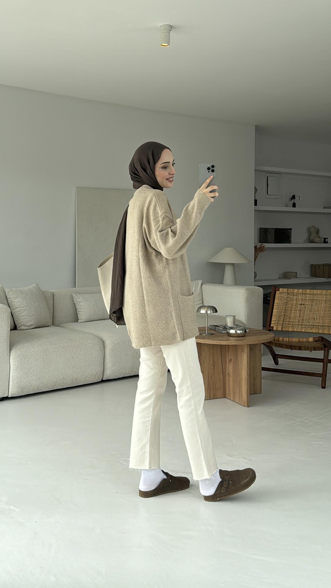 Düğmeli Cepli Triko Hırka Vizon