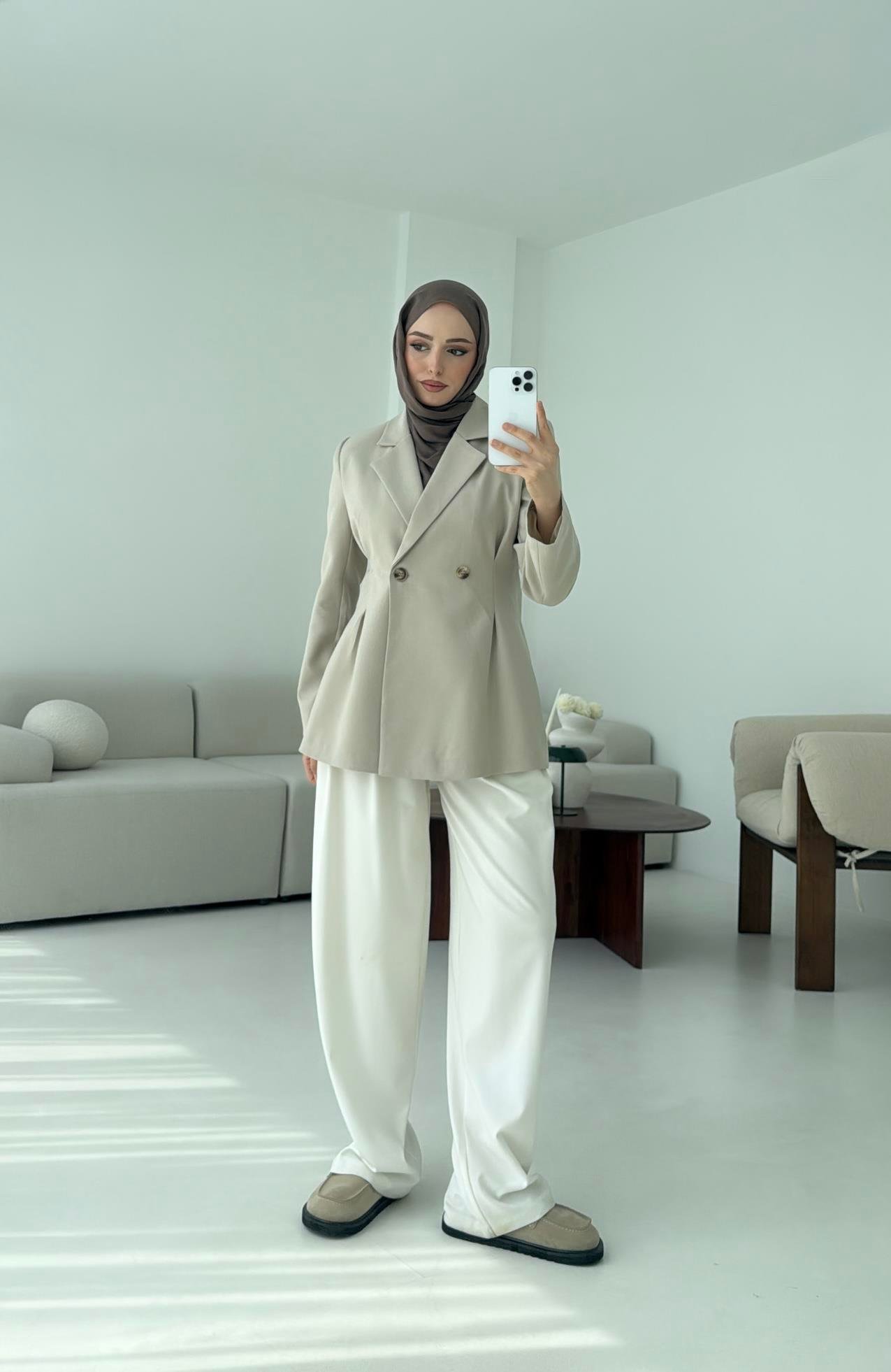 Pile Detay Blazer Ceket Taş