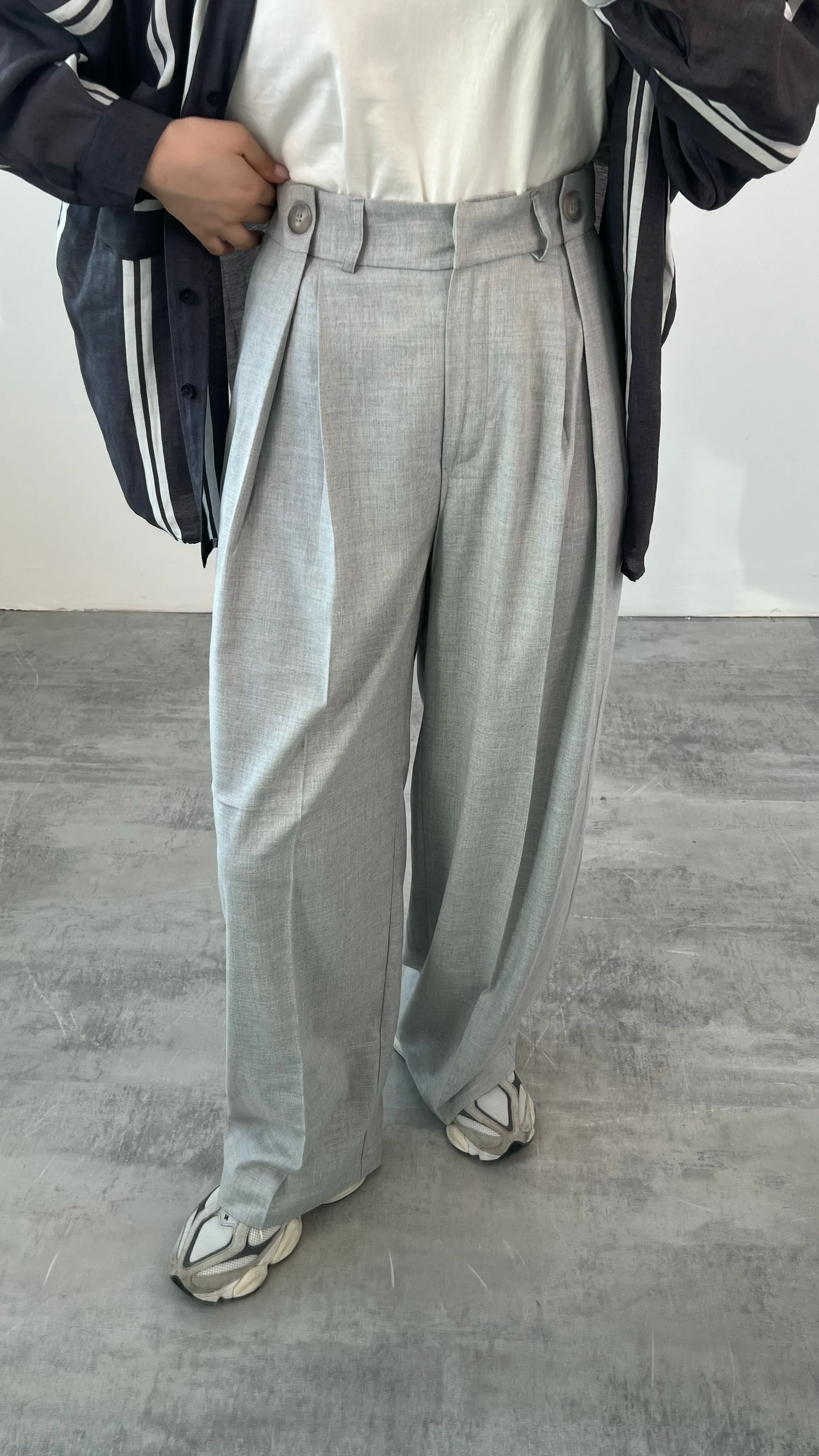 Acık Gri Bel Detay Palazzo Pantolon