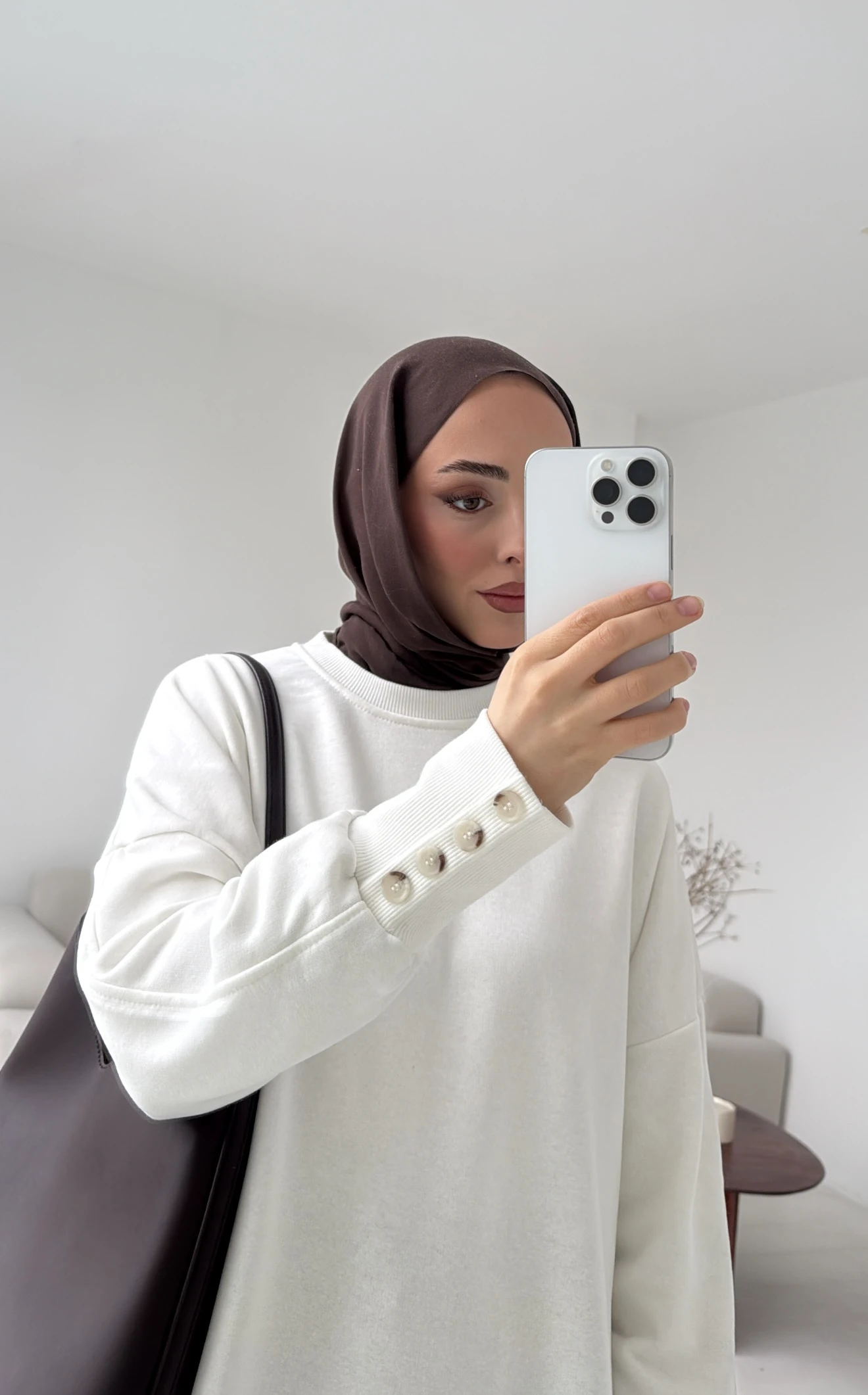 Manşeti Düğme Detay Swearshirt Beyaz