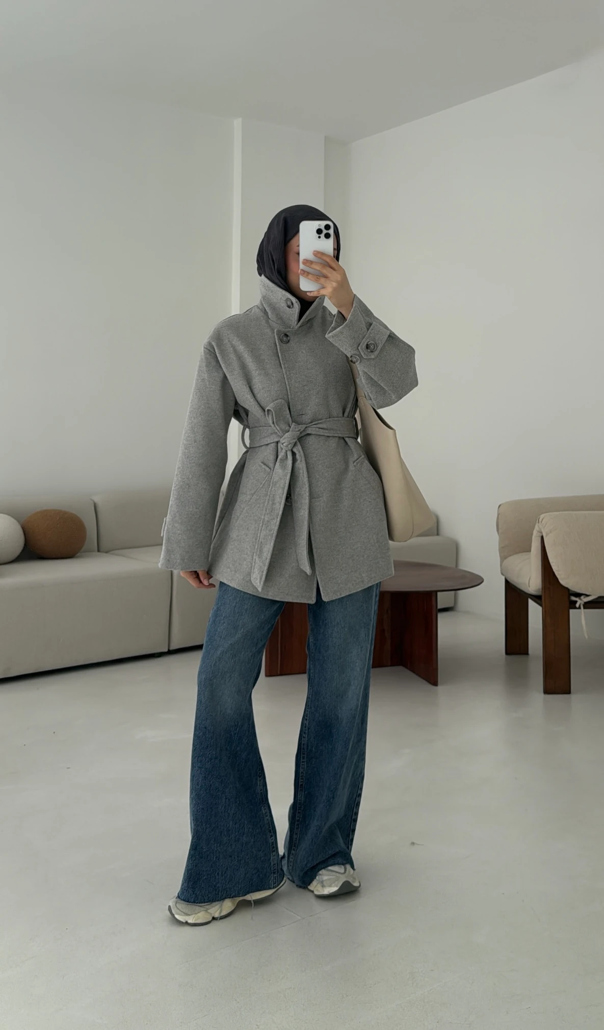 Gri Orta Boy Kaşe Kaban