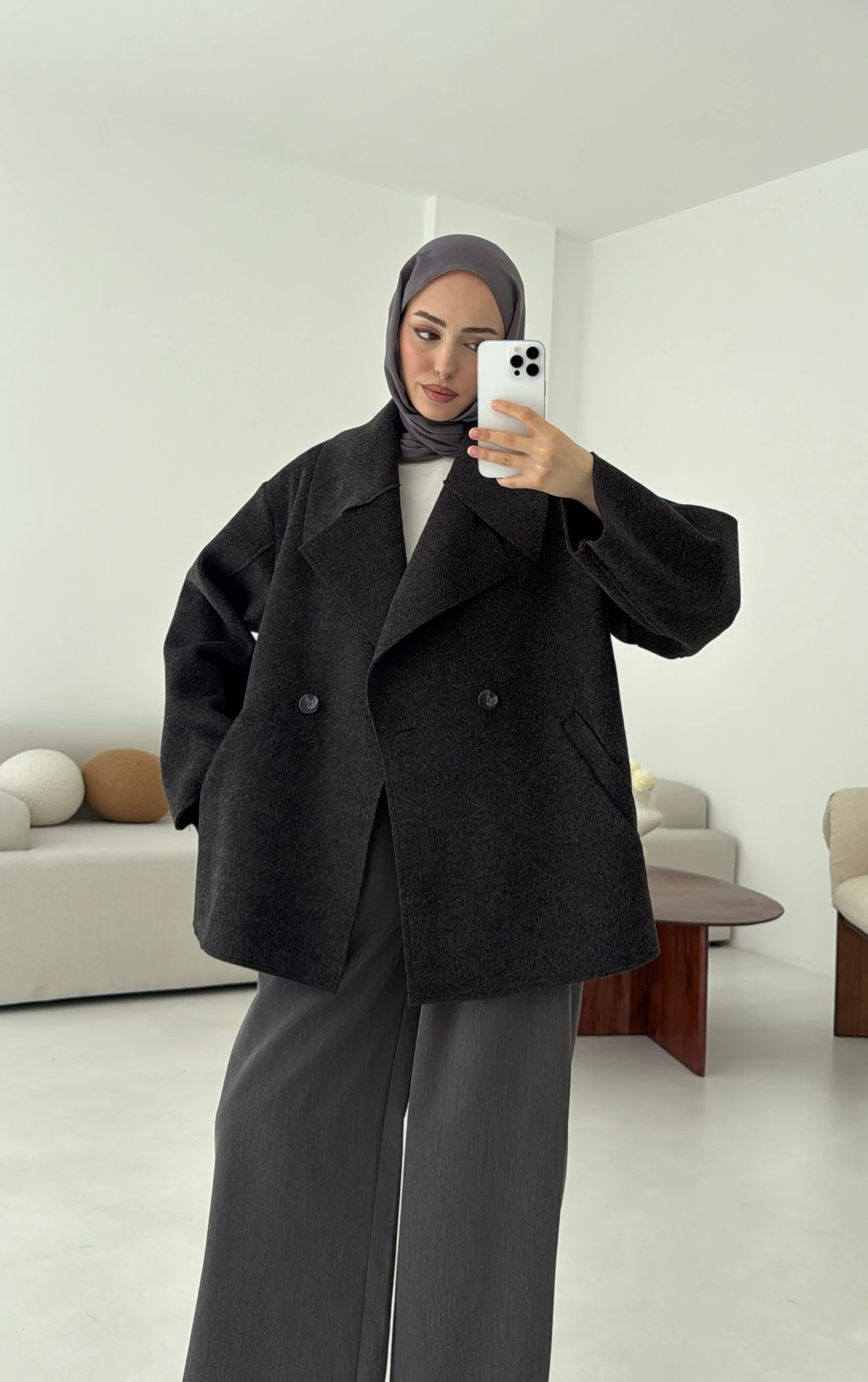 Yumuşak Şal Yaka Kaban Antrasit