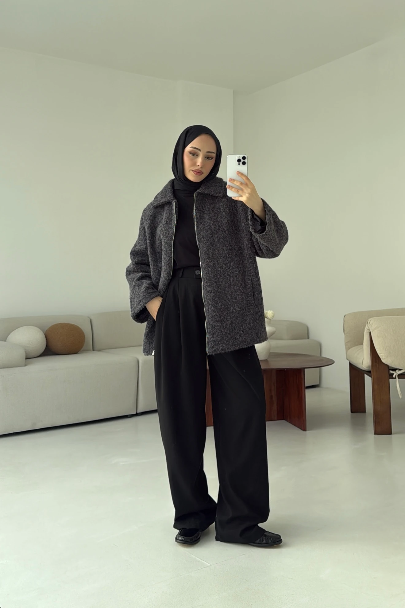 Kırçıllı Fermuarlı Kaban Antrasit