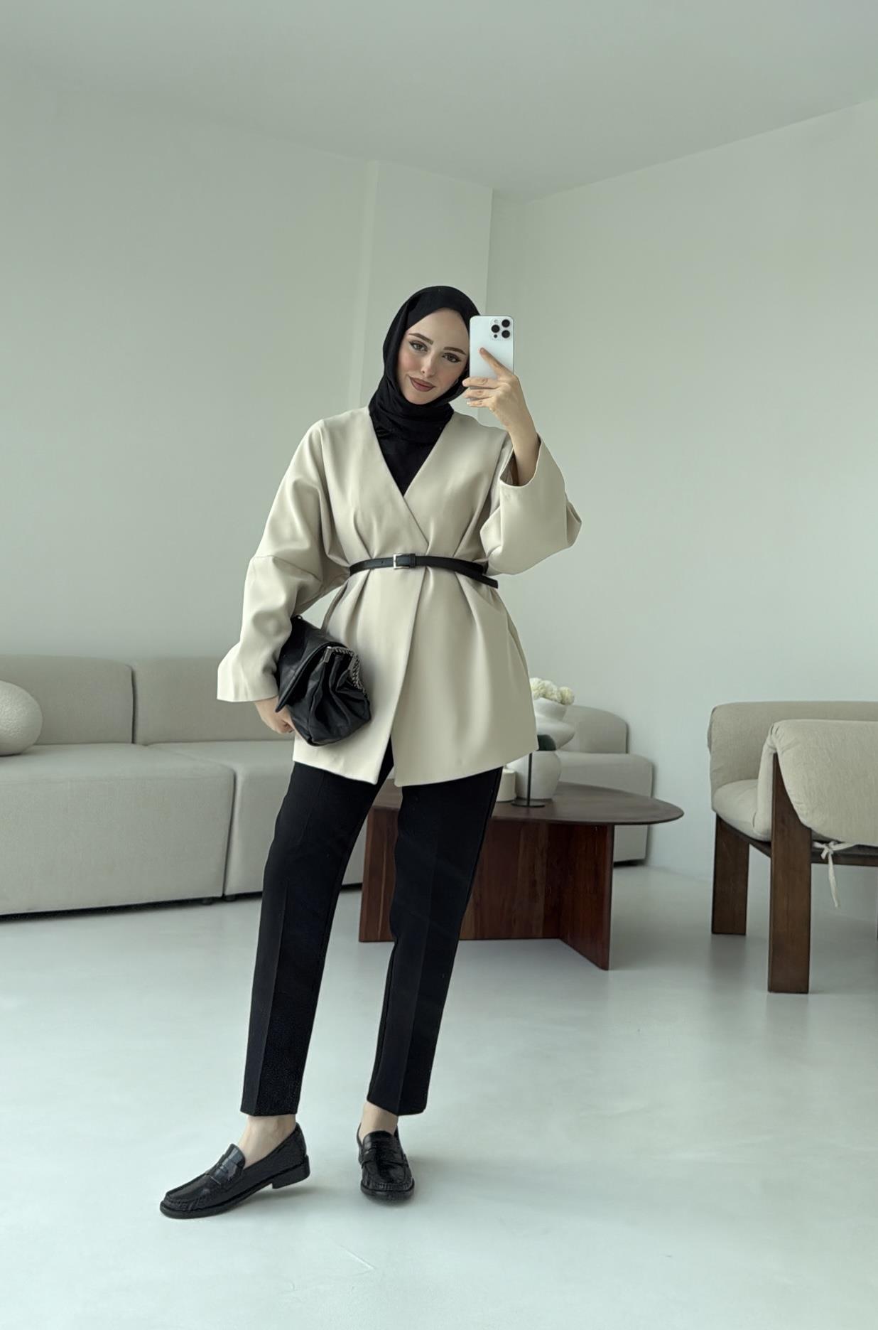 Deri Kemer Detay Oversize Ceket Taş