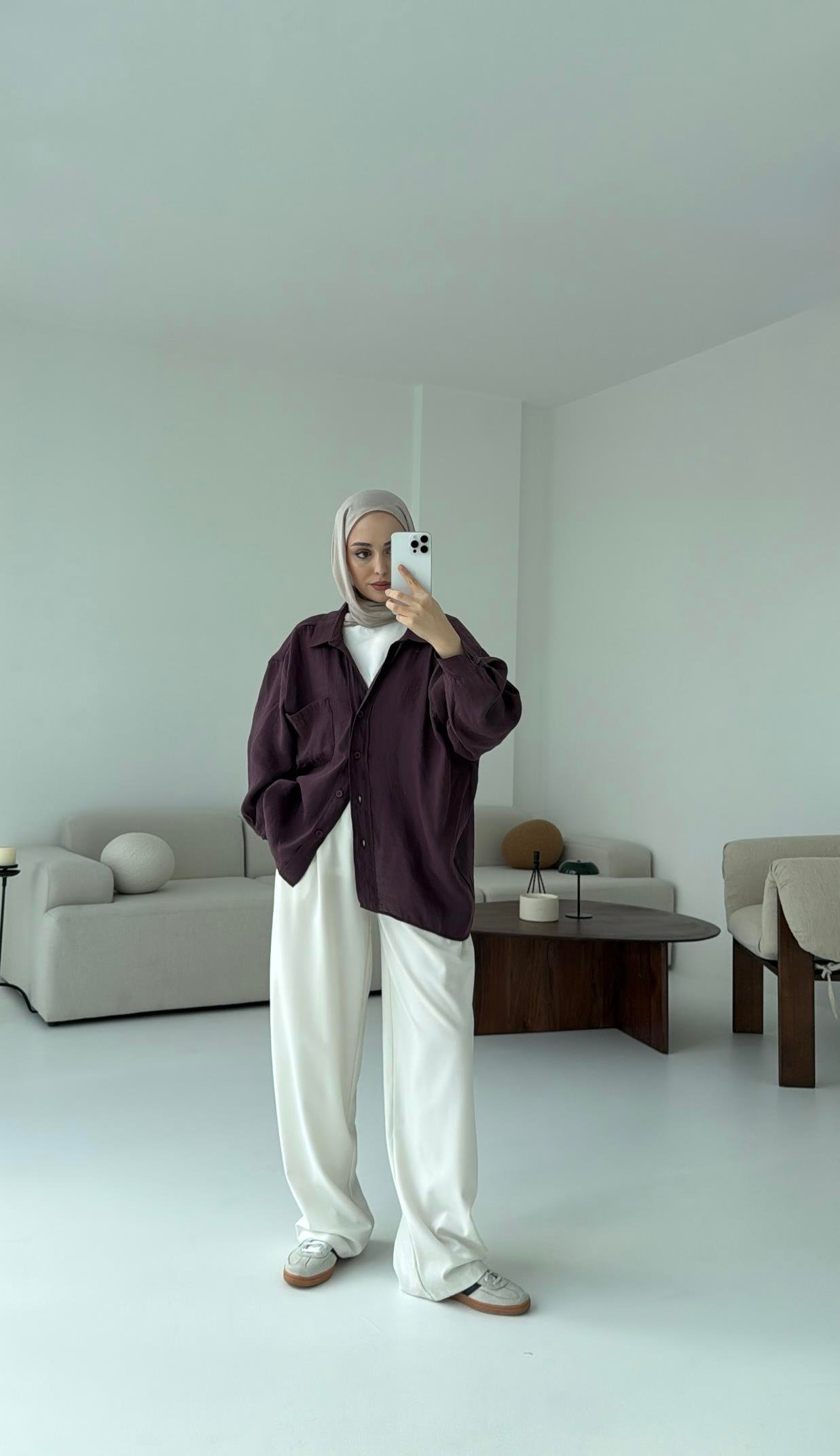 Düşük Omuz Oversize Gömlek Mürdüm
