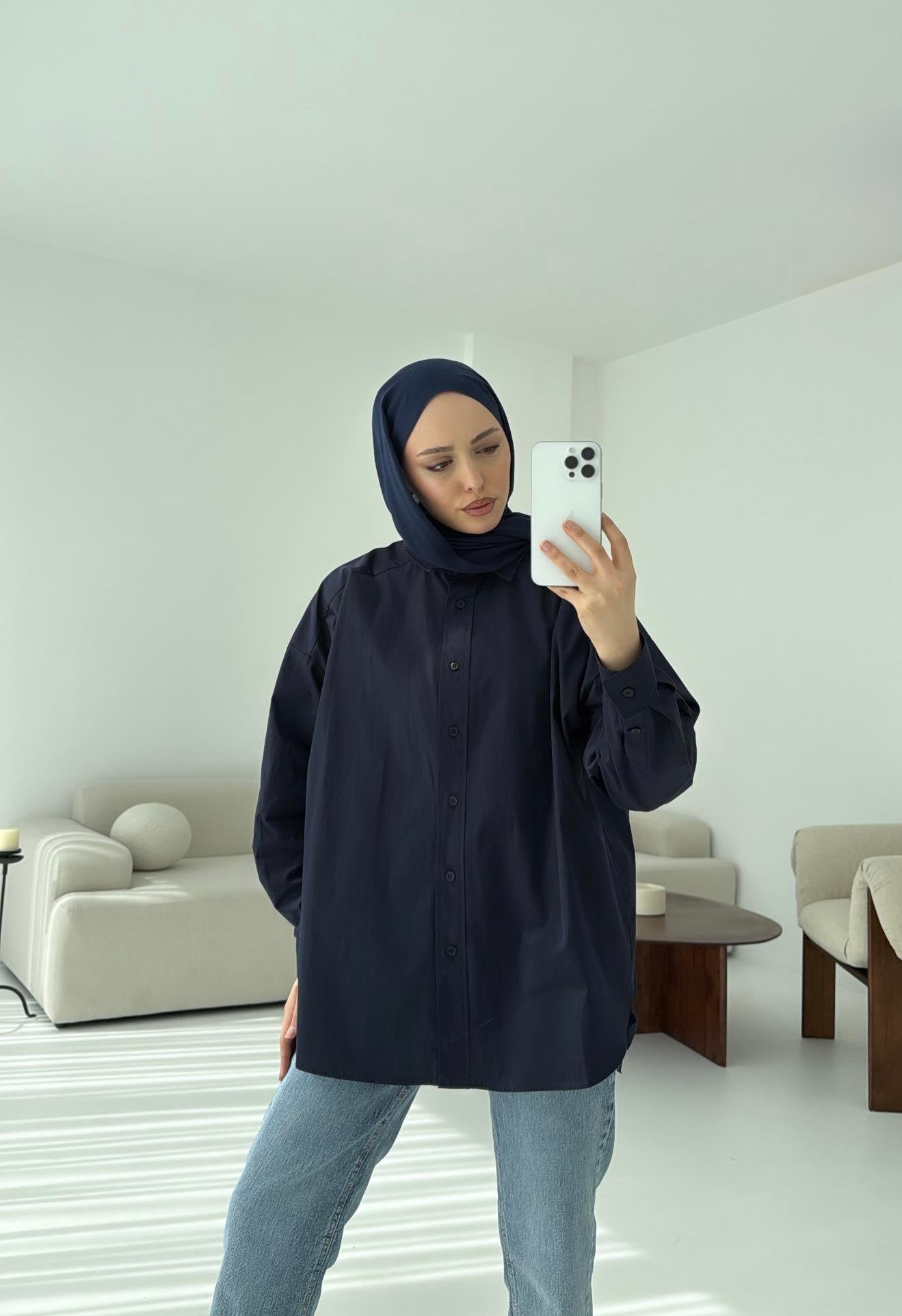 Poplin Oversize Gömlek Lacivert