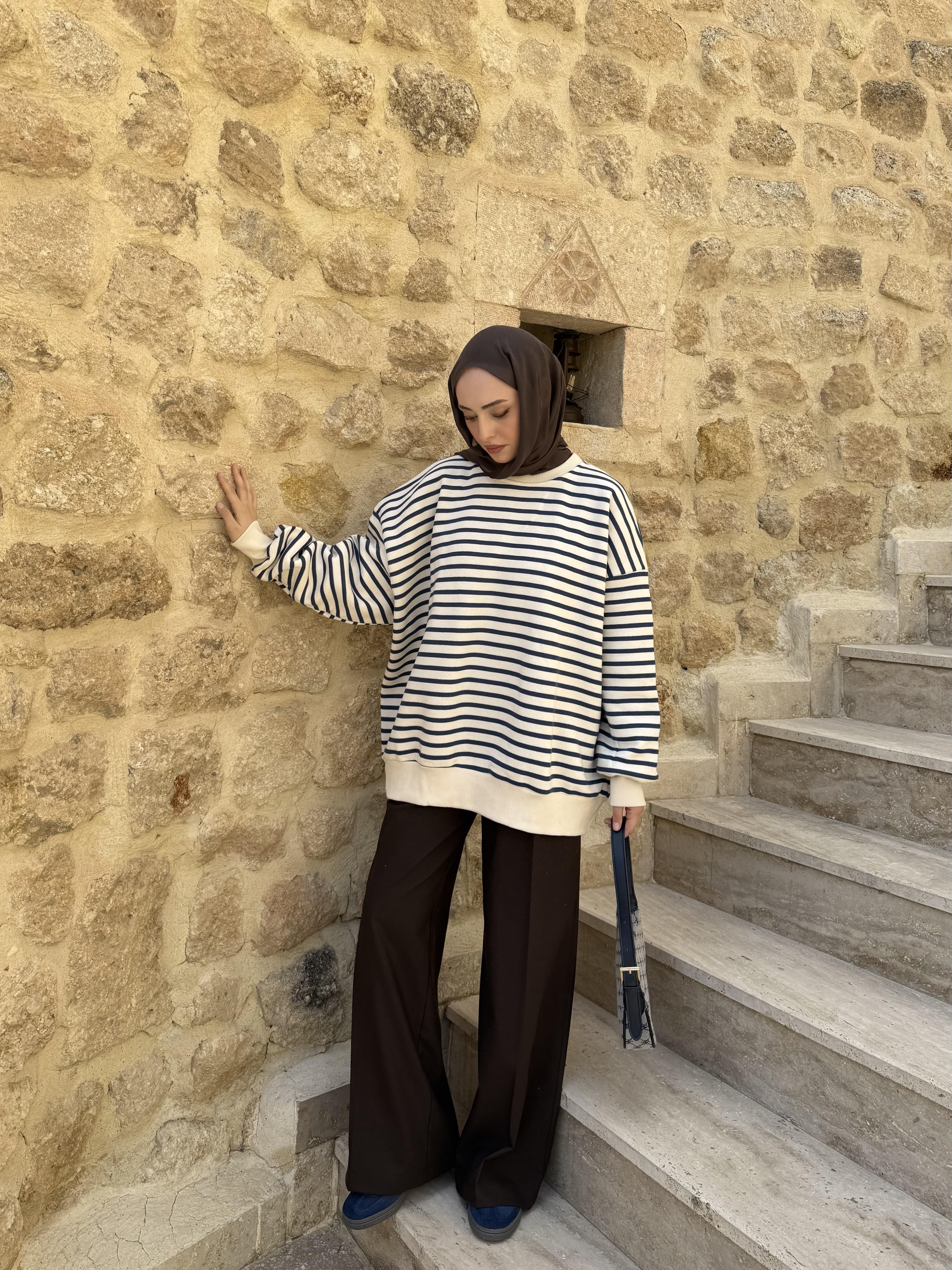 Çizgili Oversize Sweatshirt Lacivert