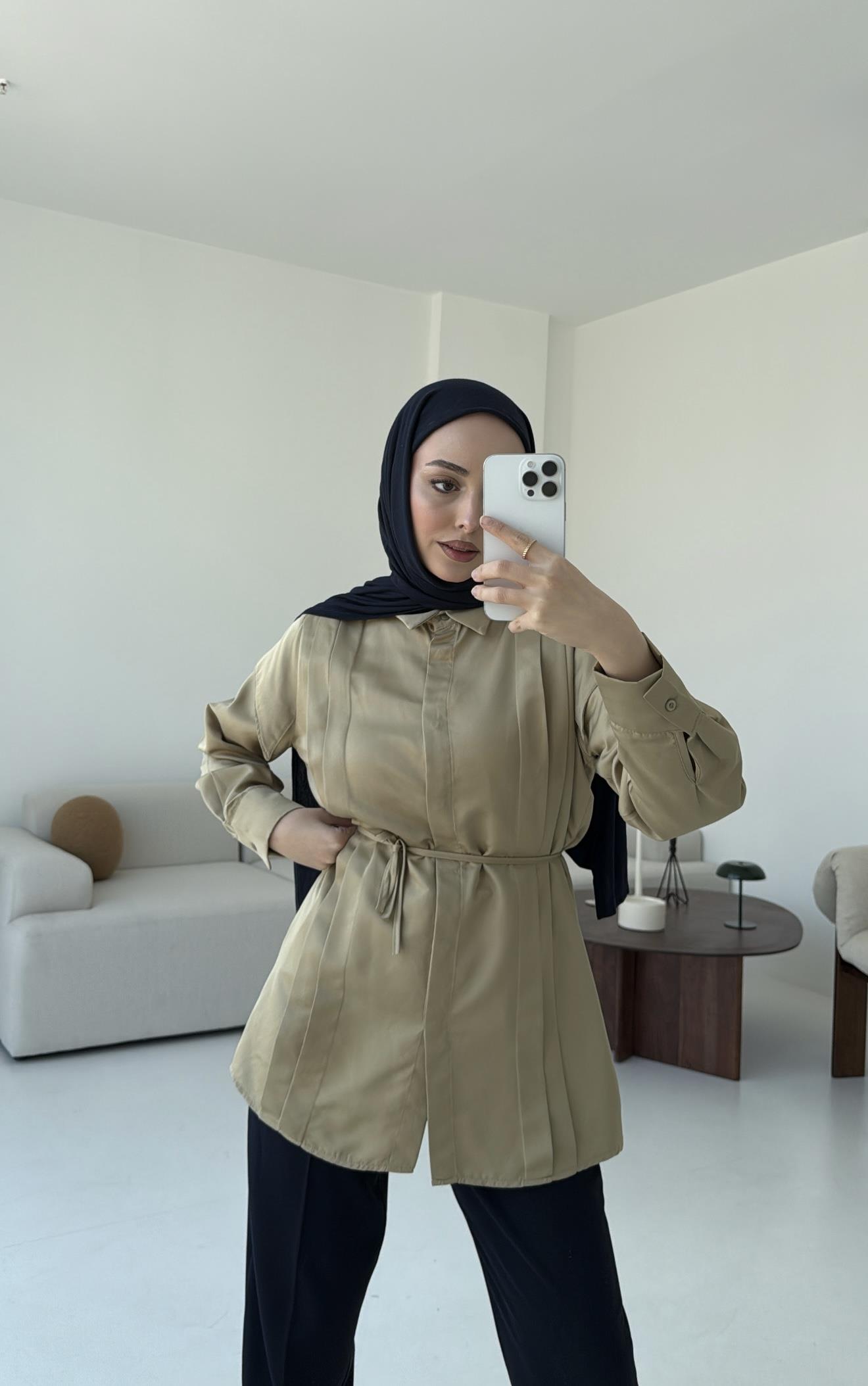 Çift Pileli Saten Bağlamalı Gömlek Olive