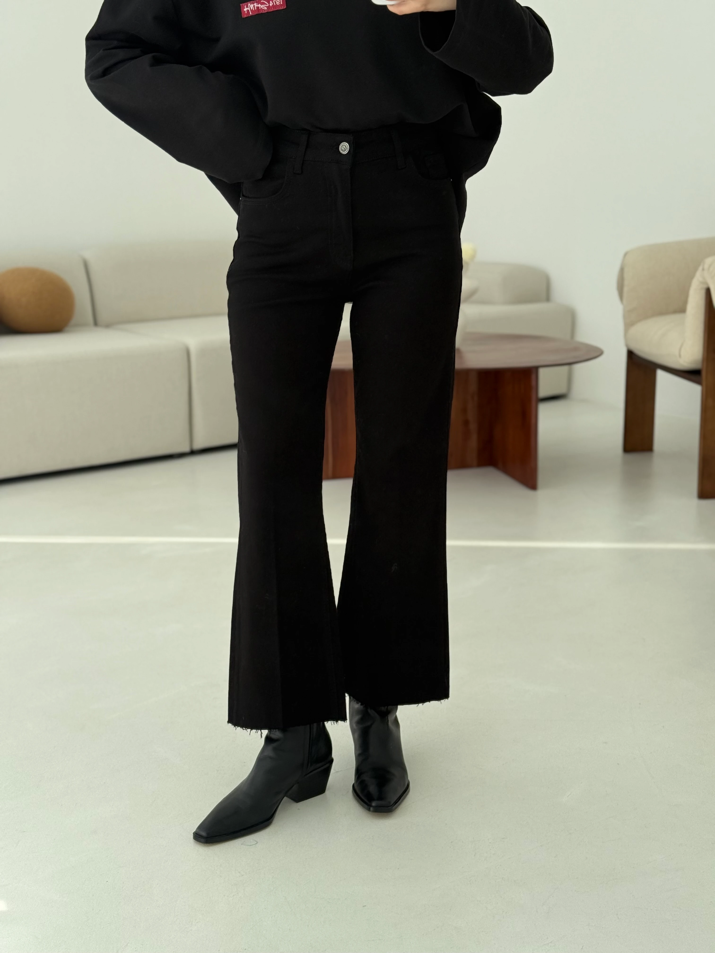 Premium Paçası Kesik Flare Jean Siyah