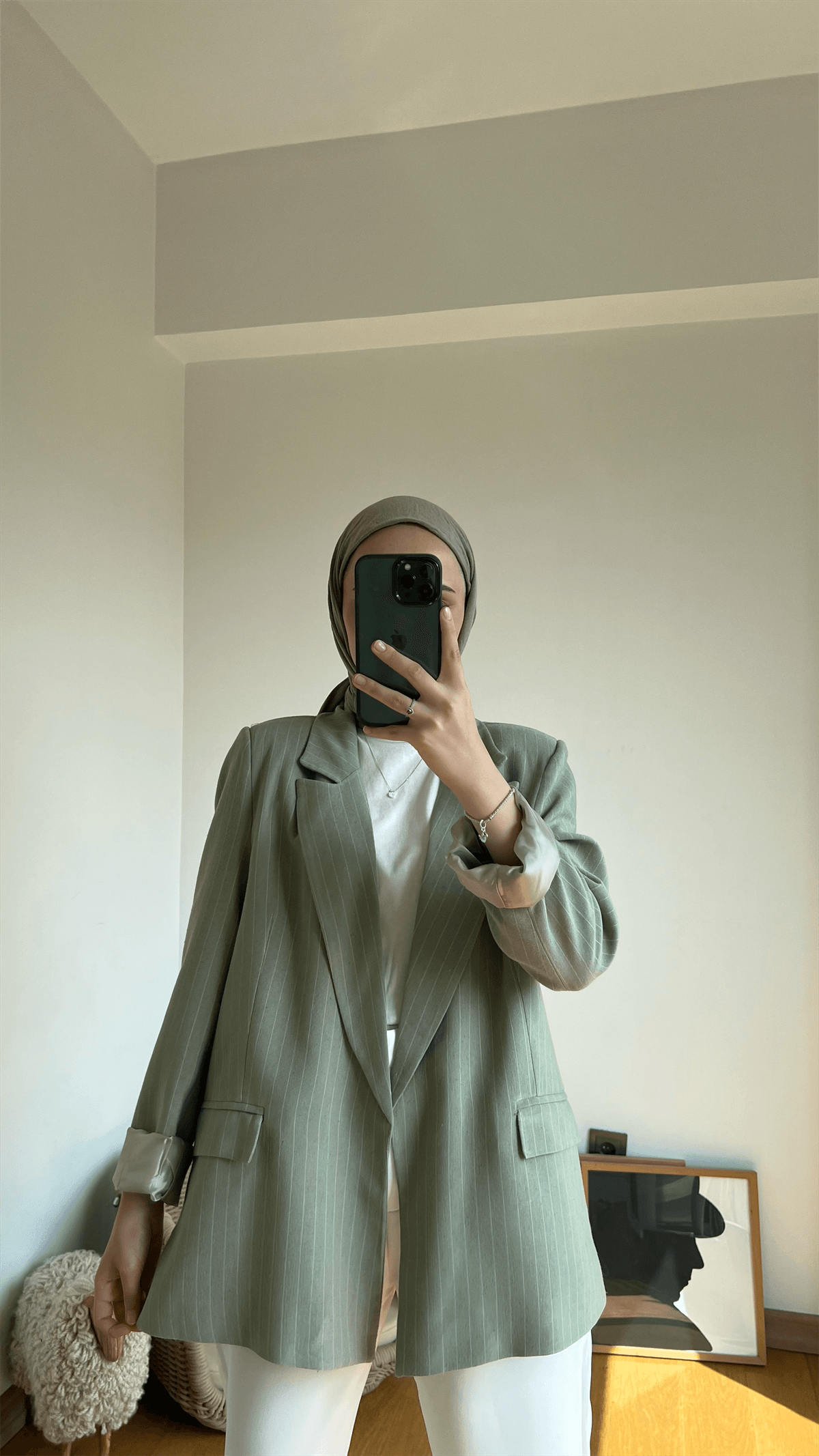 Çizgili Keten Haki Blazer Ceket