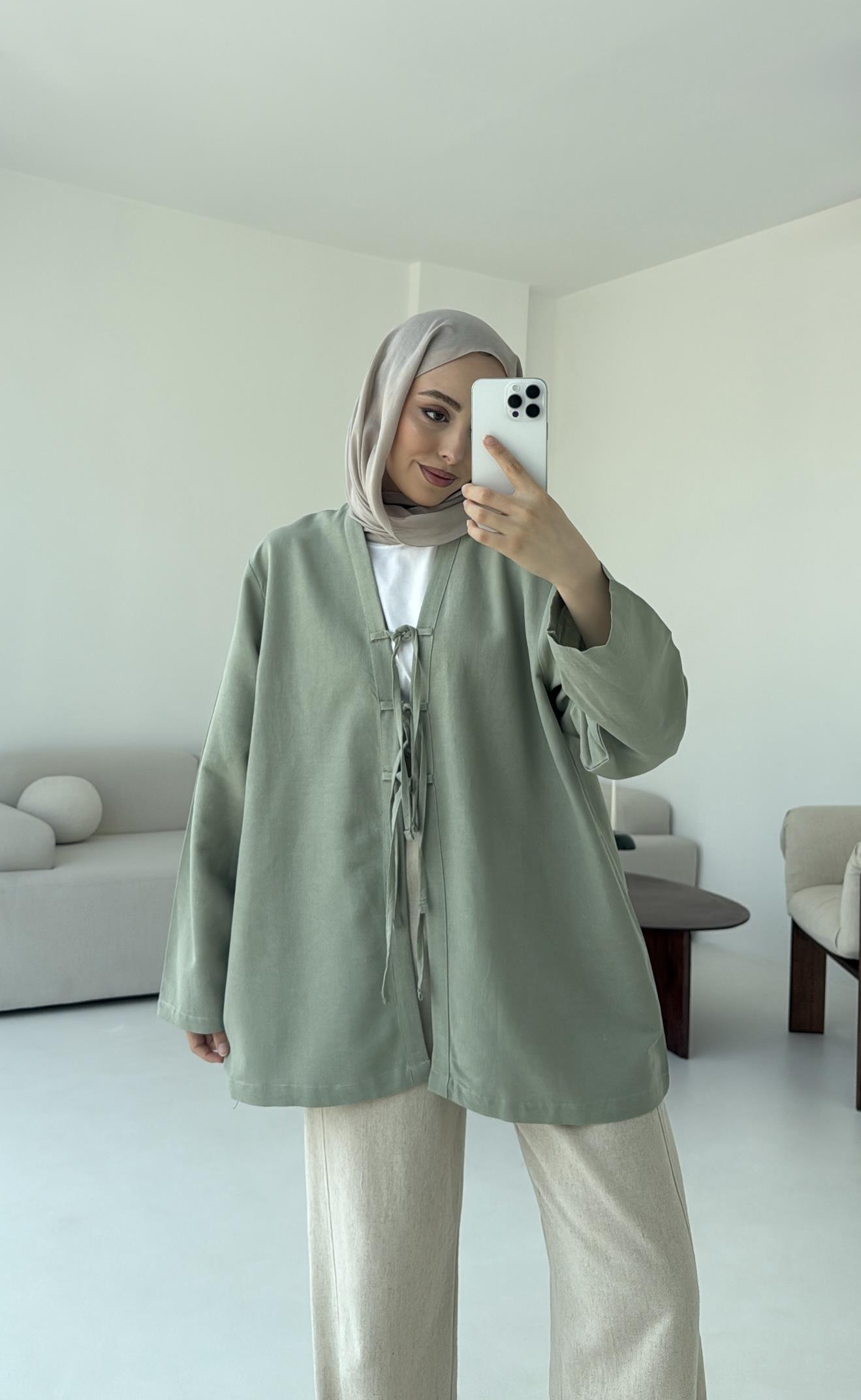 Keten Üç Bağlamalı Kimono Çağla
