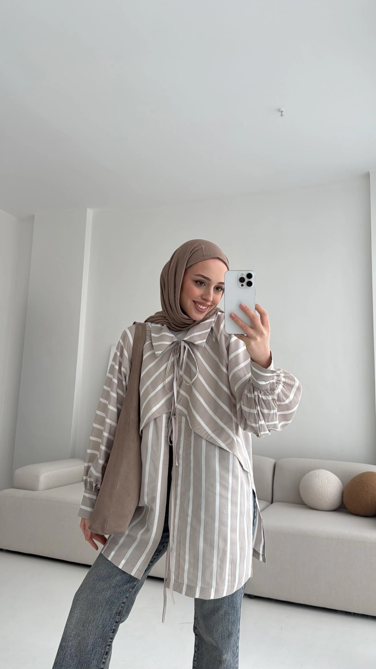 Çizgili Bağlamalı Kimono Bej