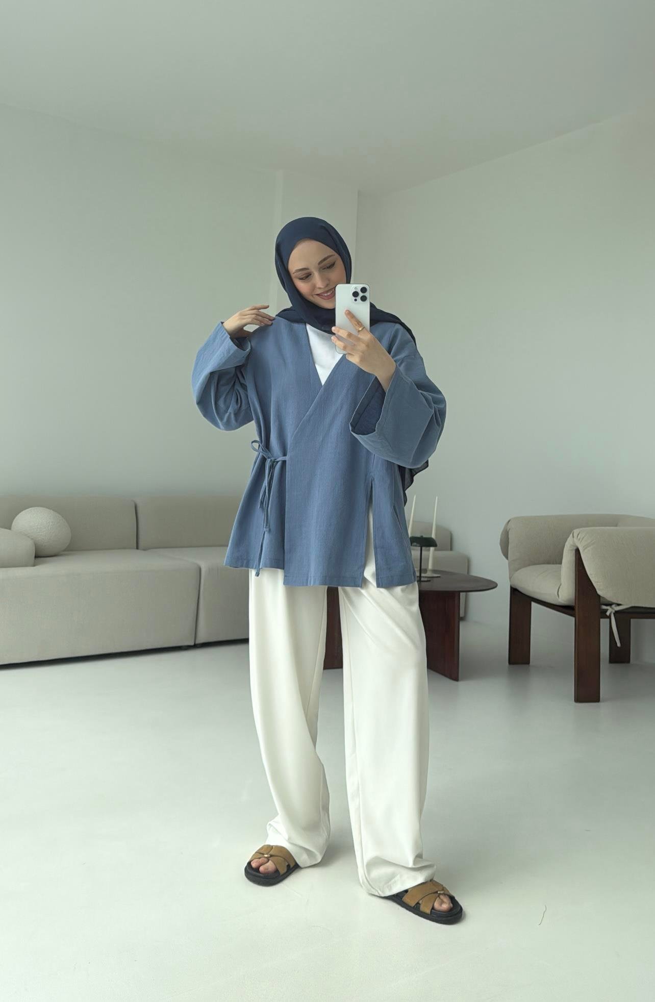 İndigo Yırtmaç Detay Keten Kimono