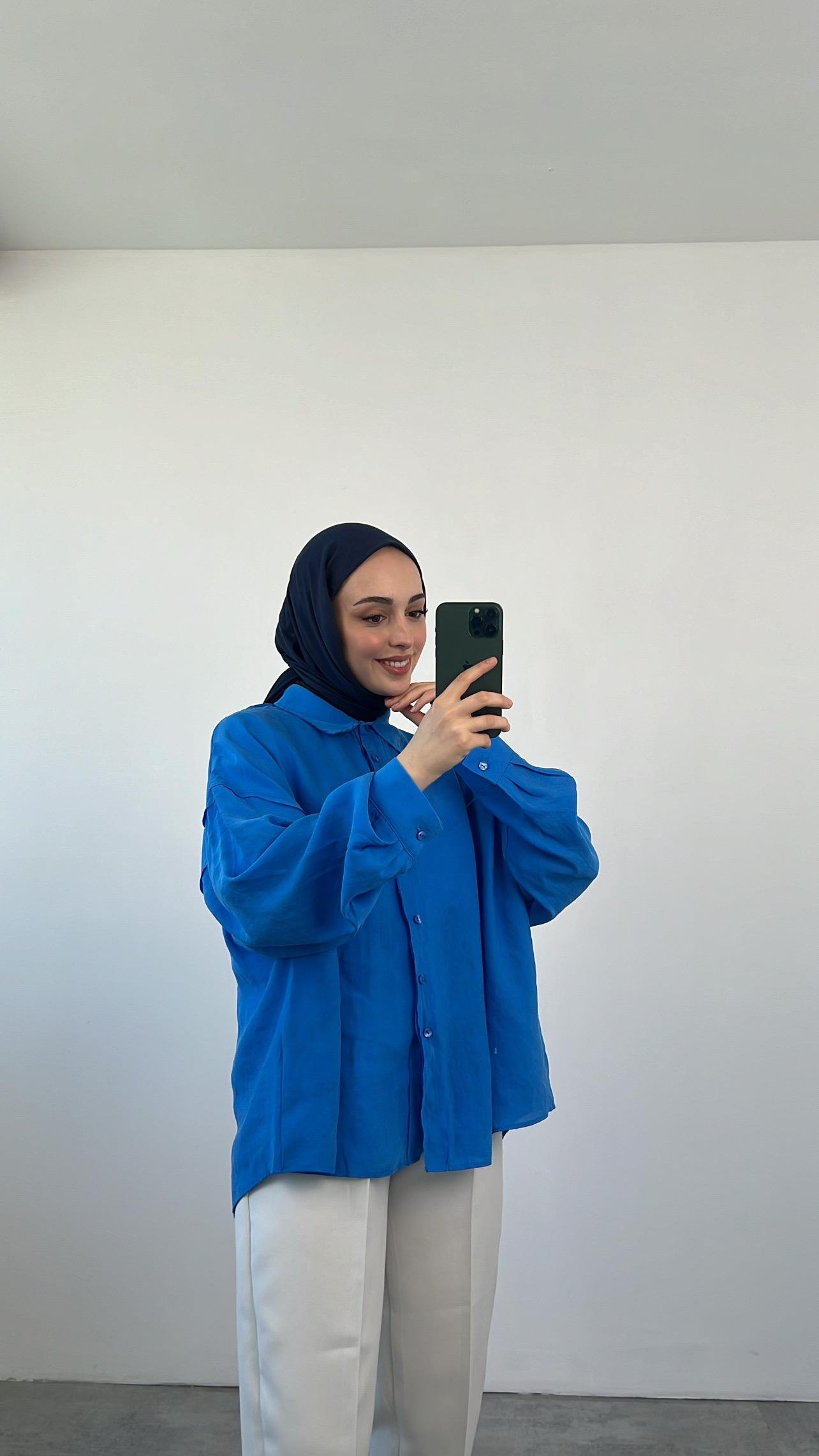 Tencel Pis Dikiş Oversize Saks Mavi  Gömlek
