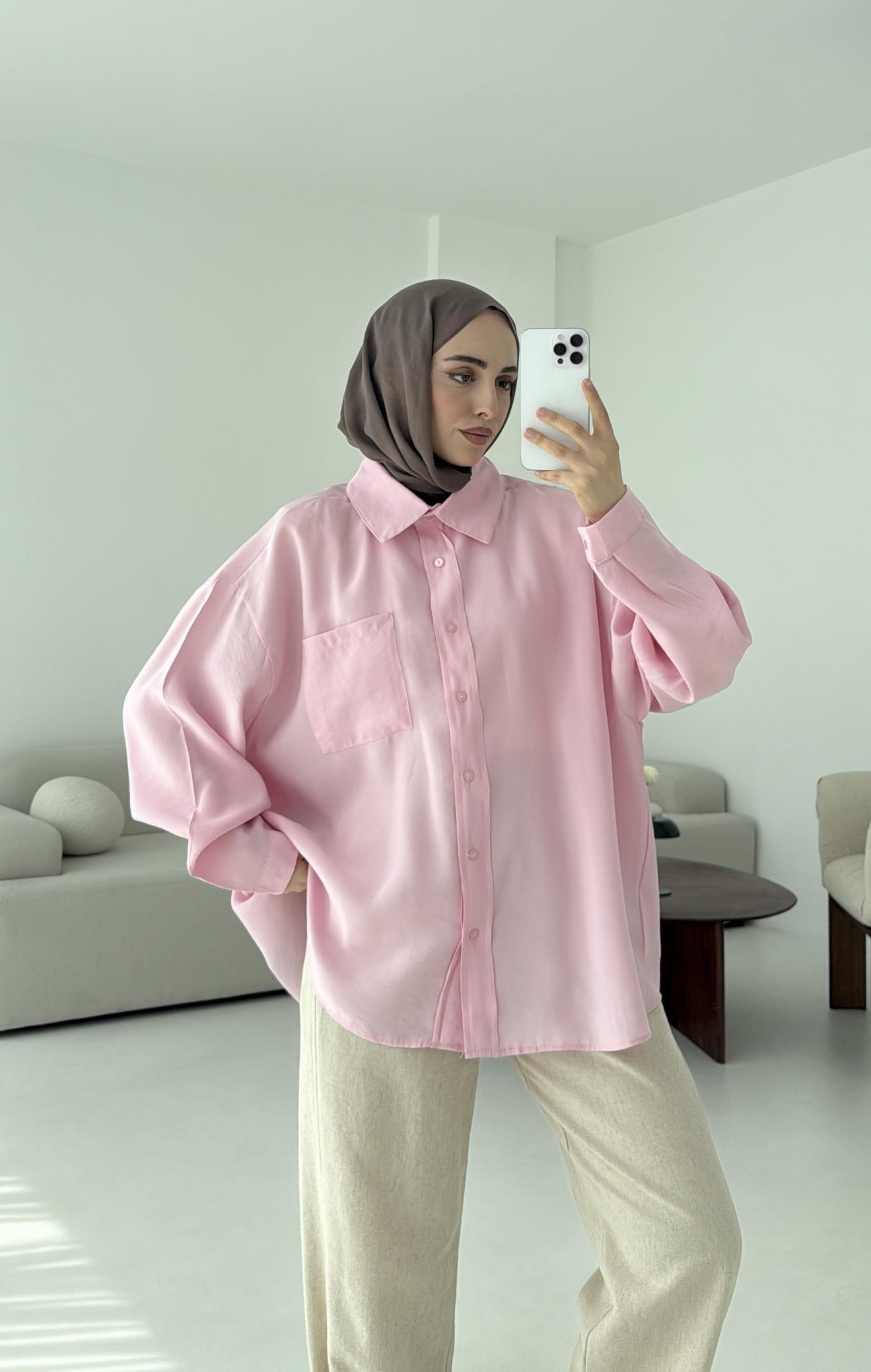 Krep Dökümlü Gömlek Pembe