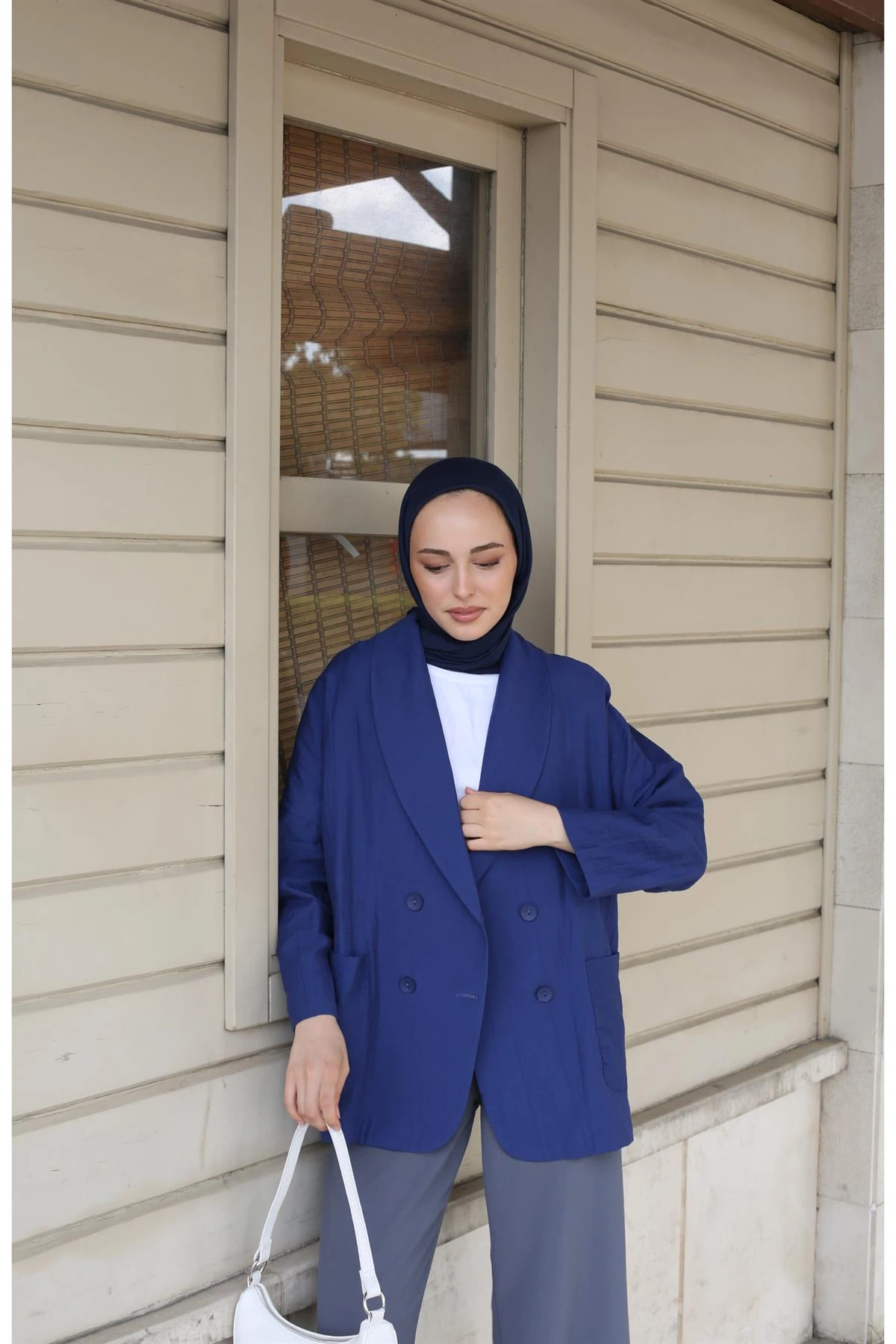 Şal Yaka Yazlık Ceket Lacivert