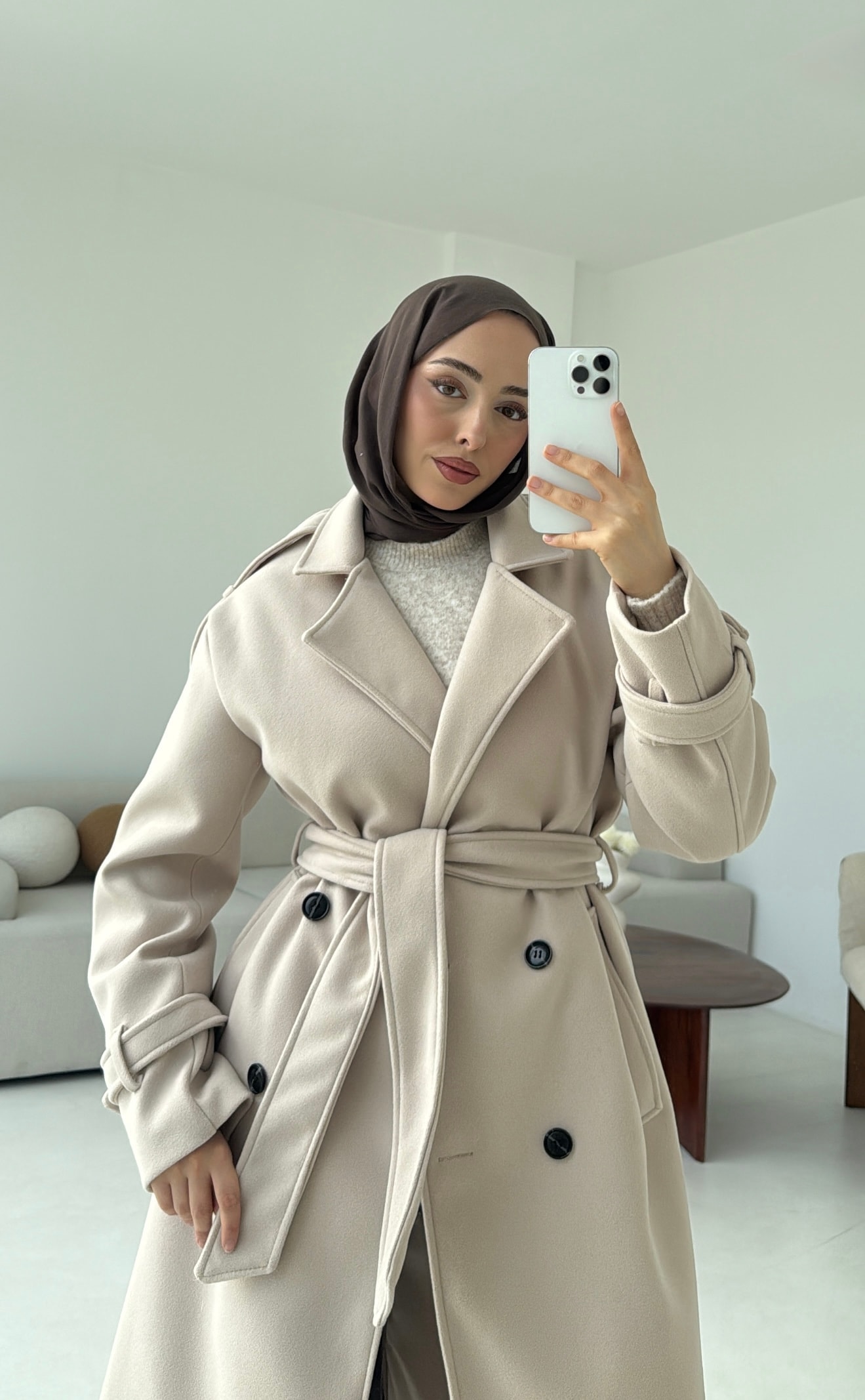 Premium Uzun Kaşe Kaban Bej