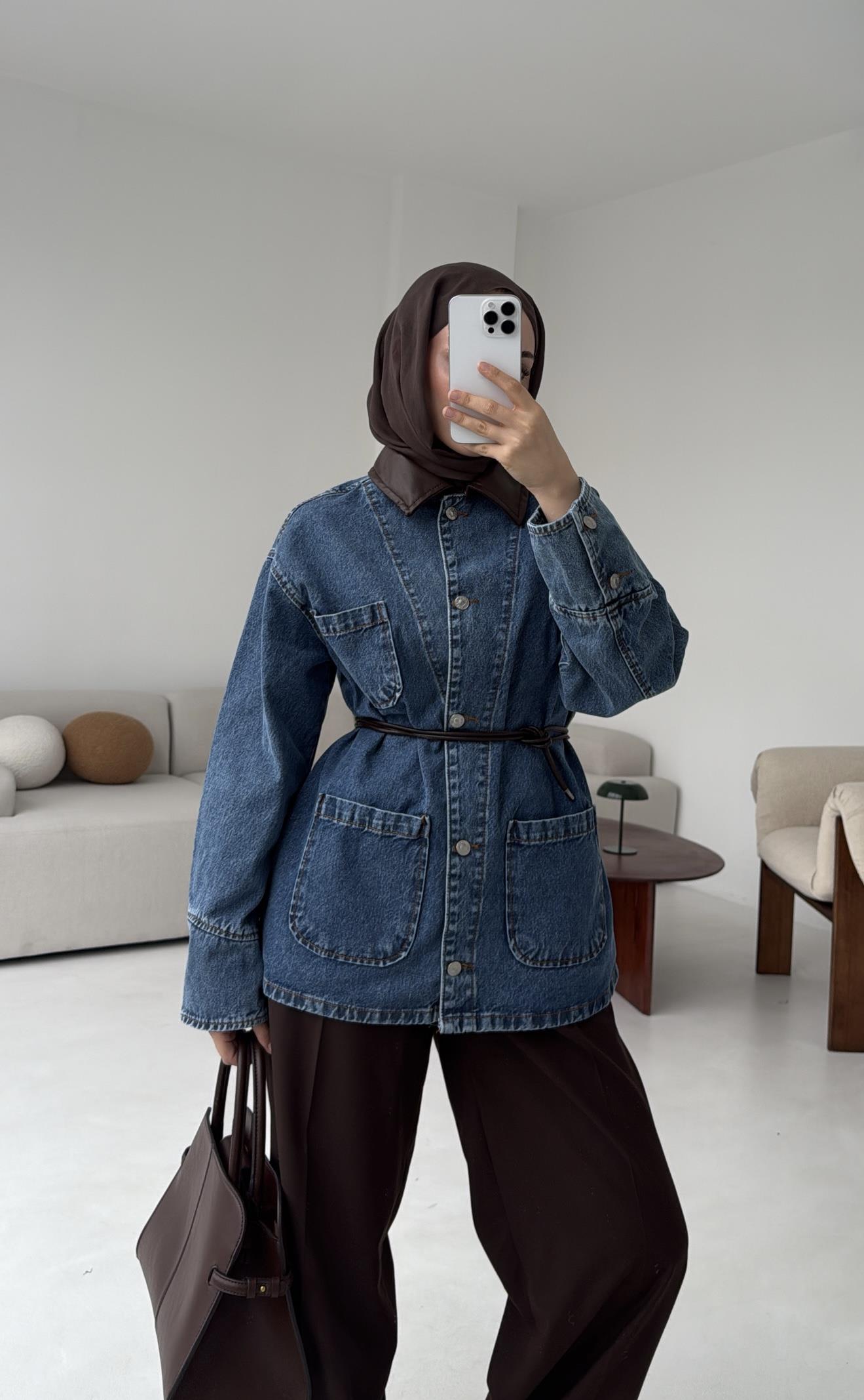 Yakası Deri Denim Ceket