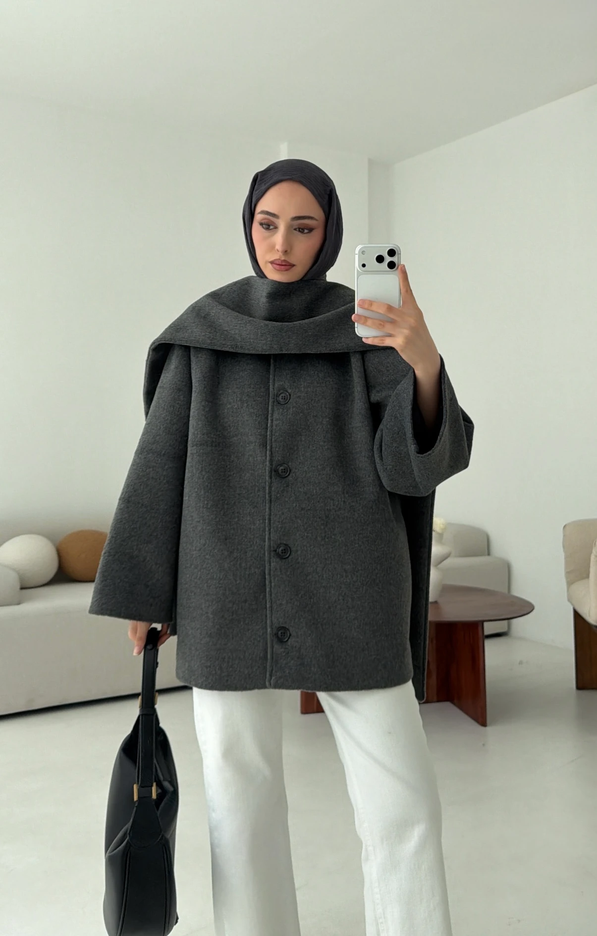 Atkılı Kaşe Kaban Gri